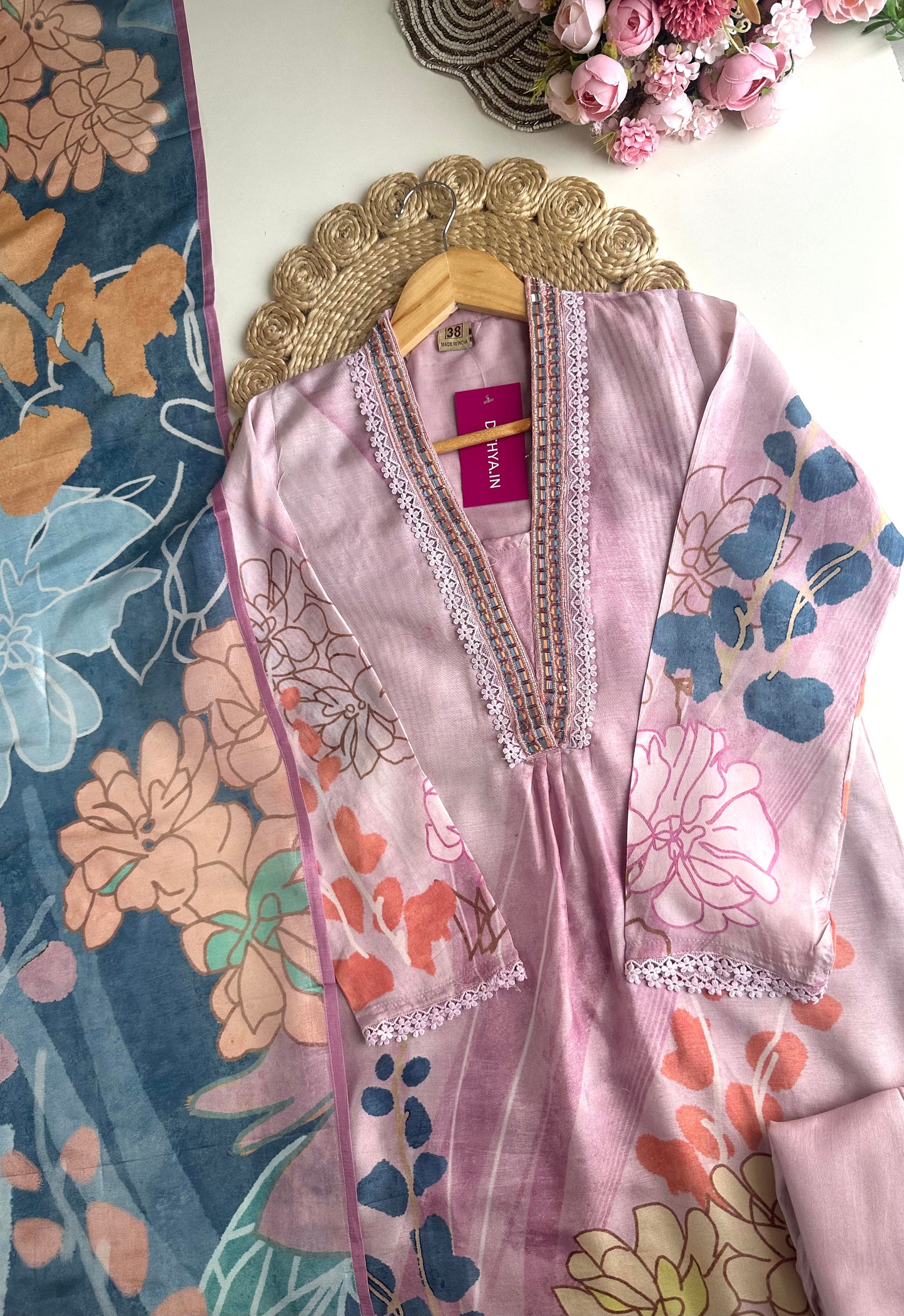 K070 - Russian silk Floral handwork Aline Kurti with pants and dupatta