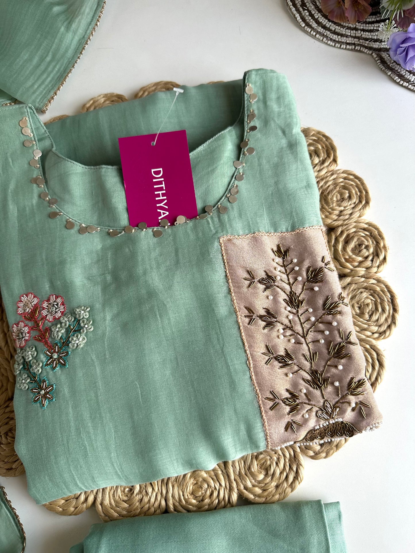 K121 - Mul Chanderi handwork Aline Kurti with pants and dupatta