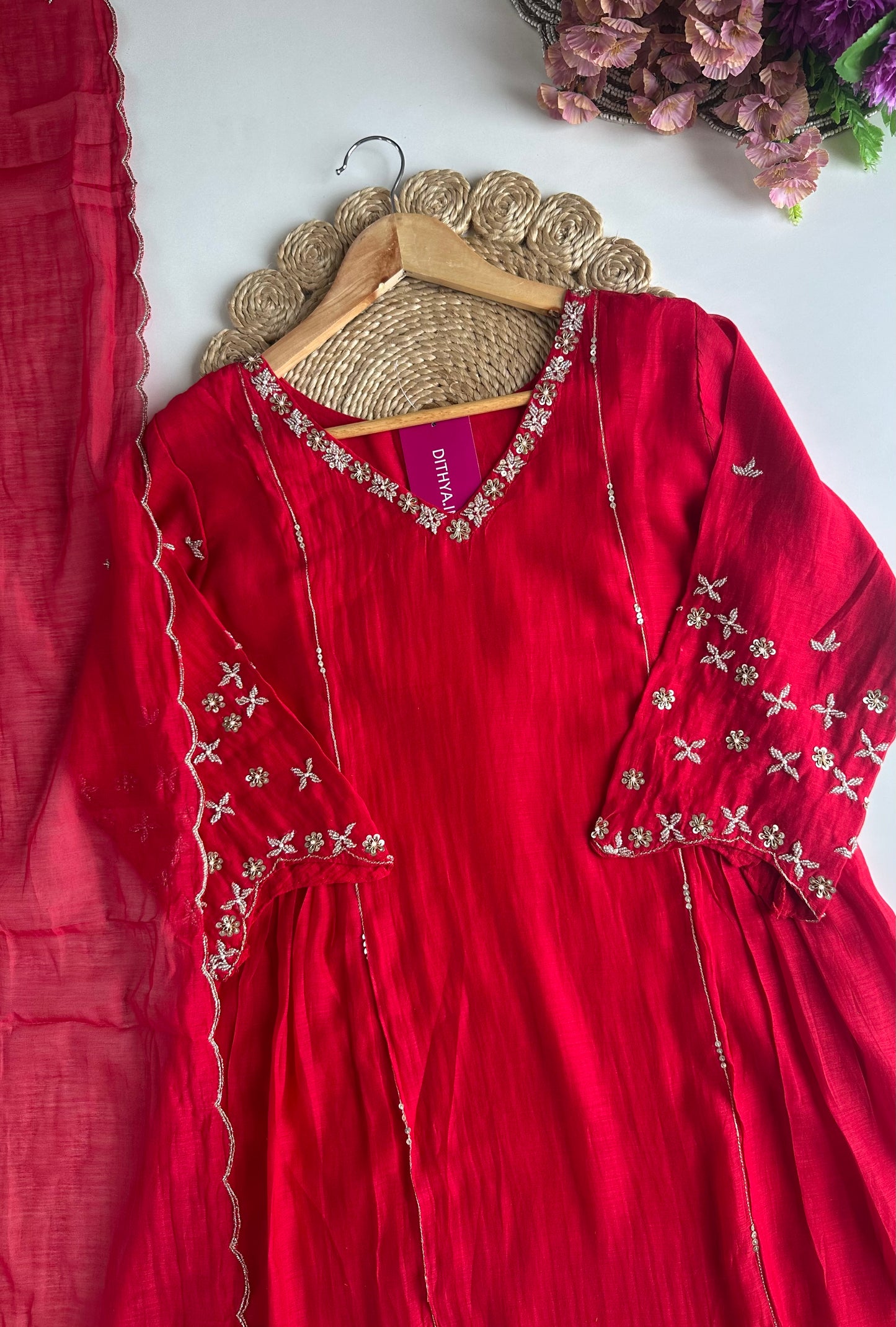 K309 - Mul Chanderi handwork Anarkali with pants and dupatta in 3 colours