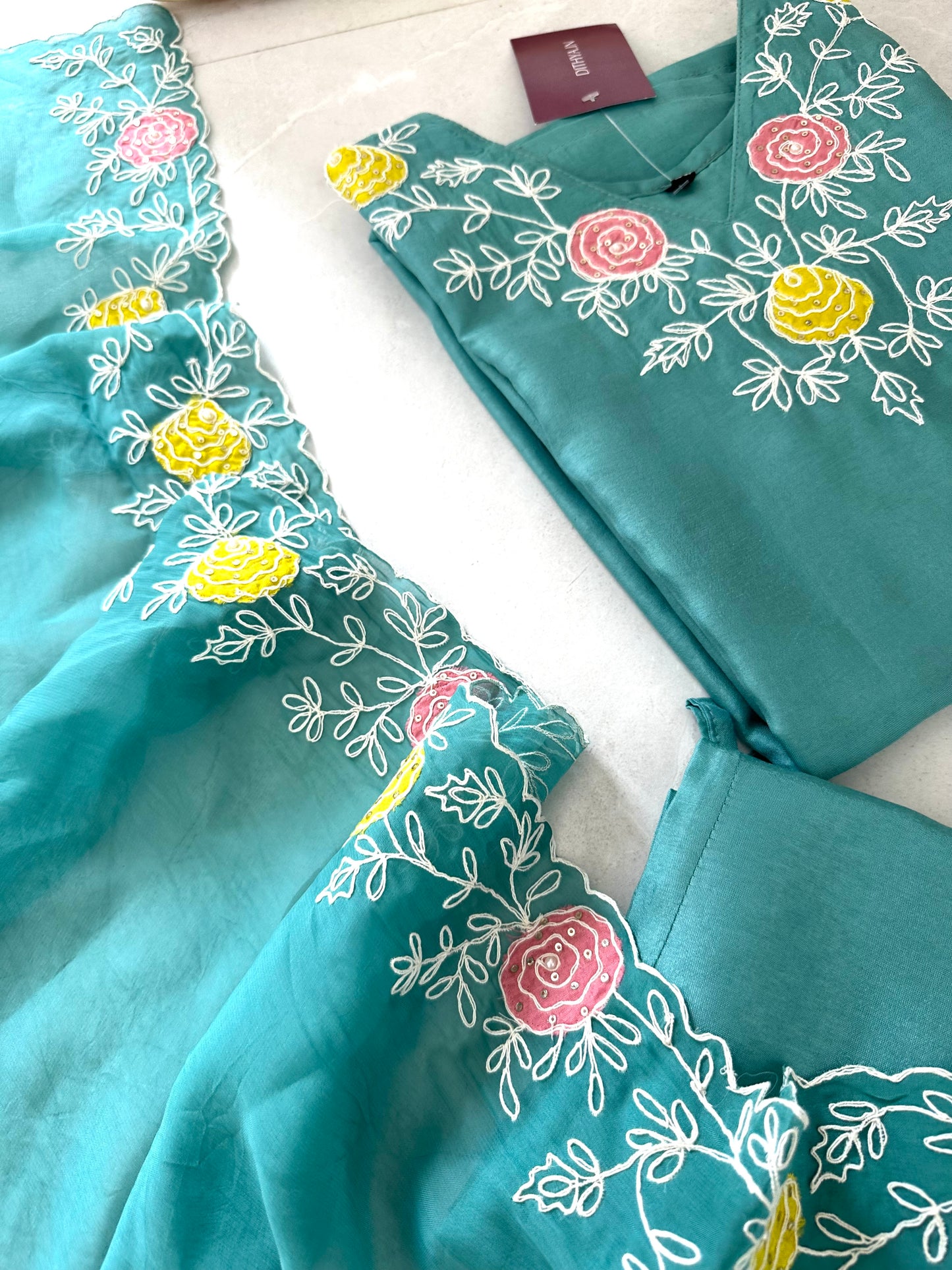 K361 - Russian silk appliqué work straight Kurti with pants and Dupatta in 2 colours
