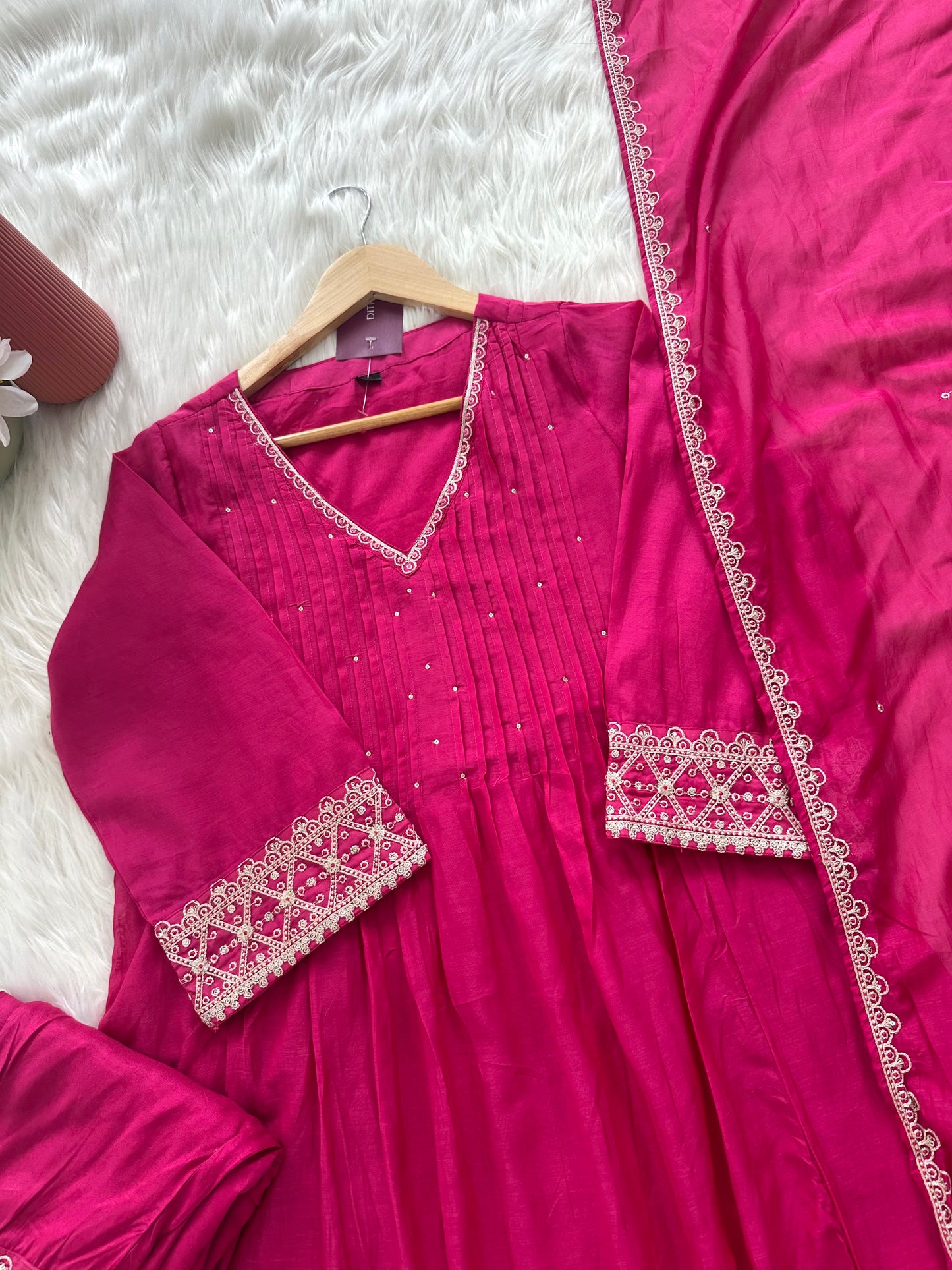 K369 - Mul Chanderi zari work Aline Kurti with pants and dupatta in 2 colours