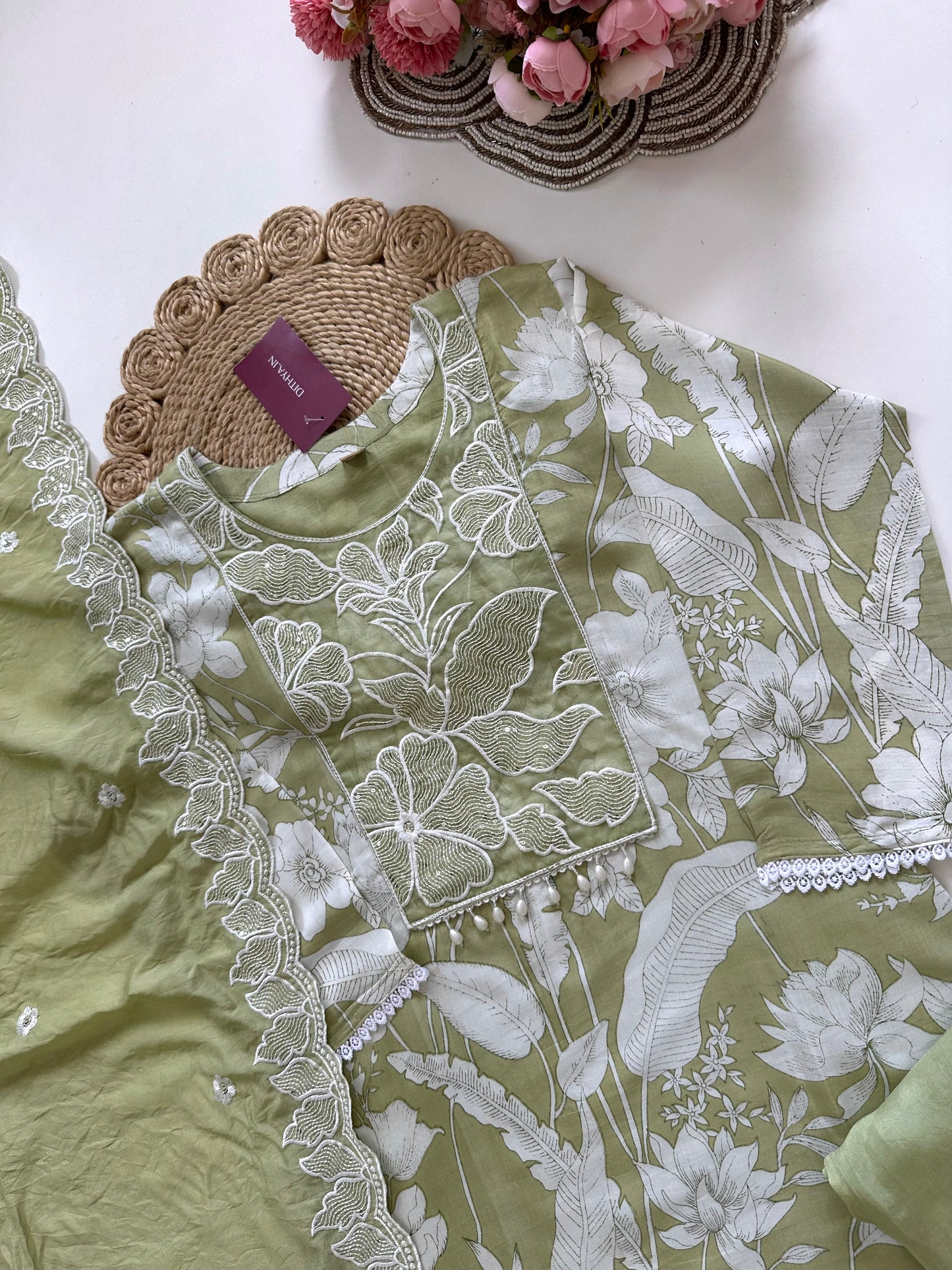 K414 - Muslin silk handwork straight Kurti with pants and dupatta