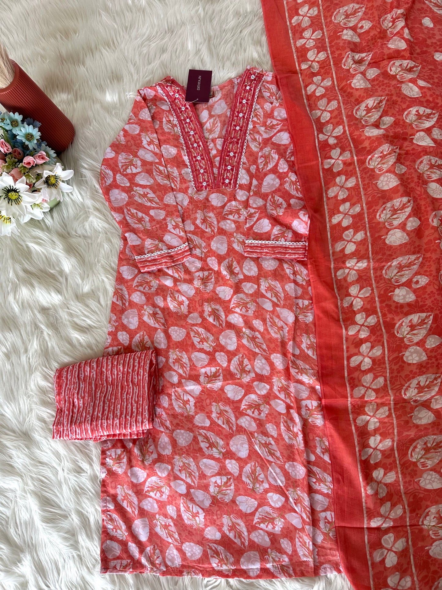 K084 - Cotton printed straight Kurti with pants and dupatta