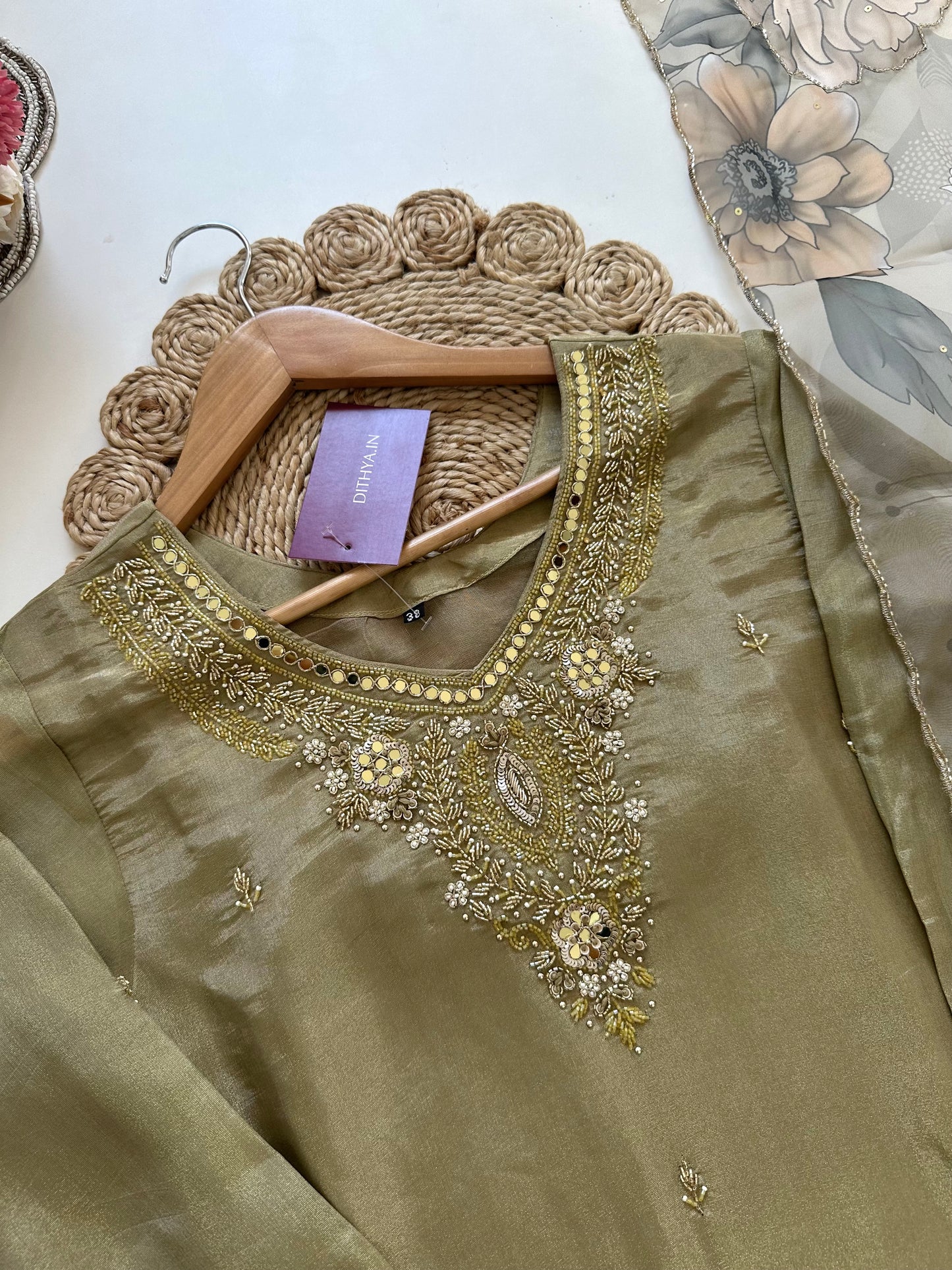 K122 - Tissue silk straight kurti with pants and dupatta.