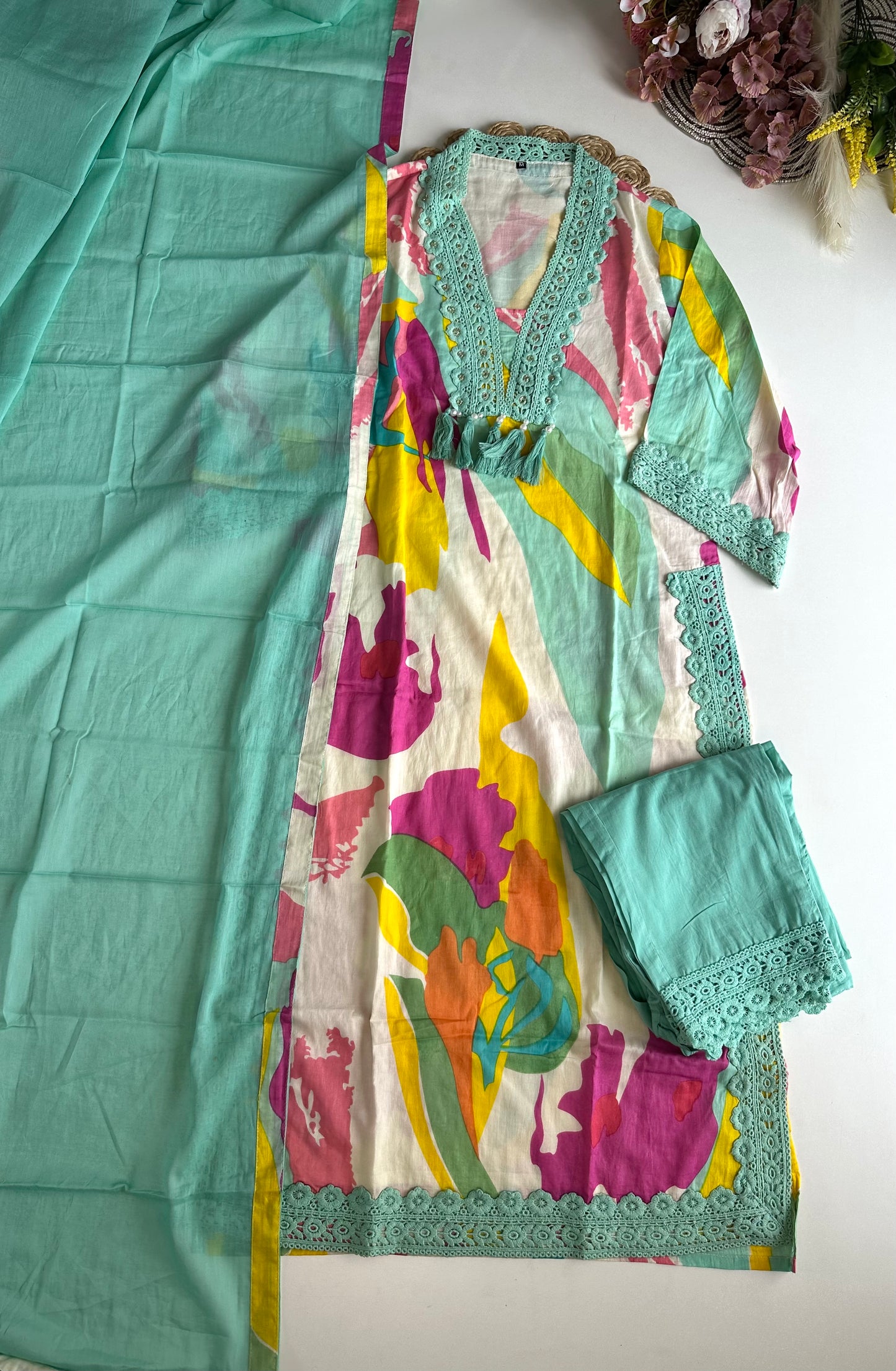K448 - Mul Cotton embroidered straight Kurti with pants and dupatta