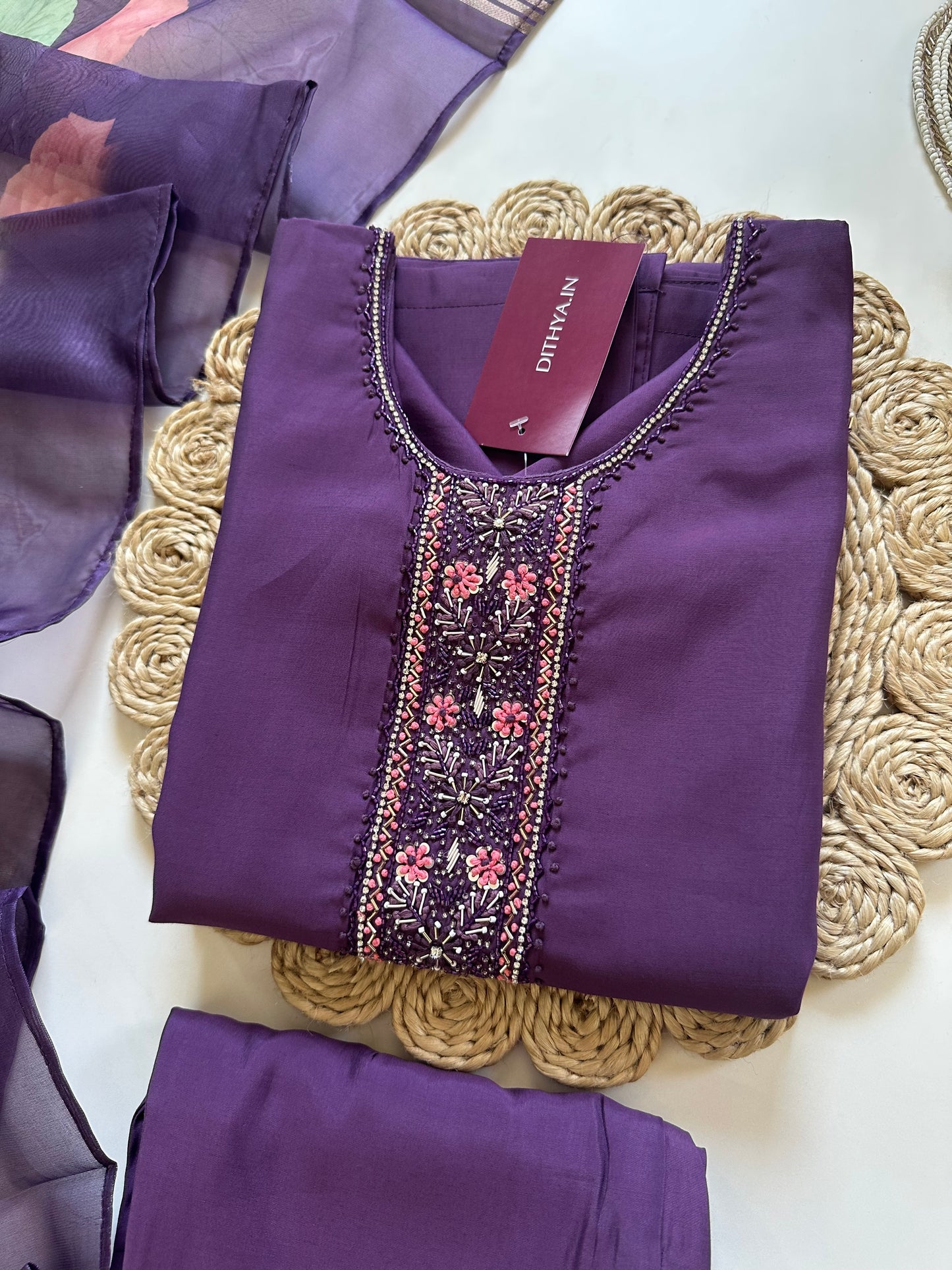 K198 - Roman silk handwork straight kurti with pants and dupatta in 2 colours.