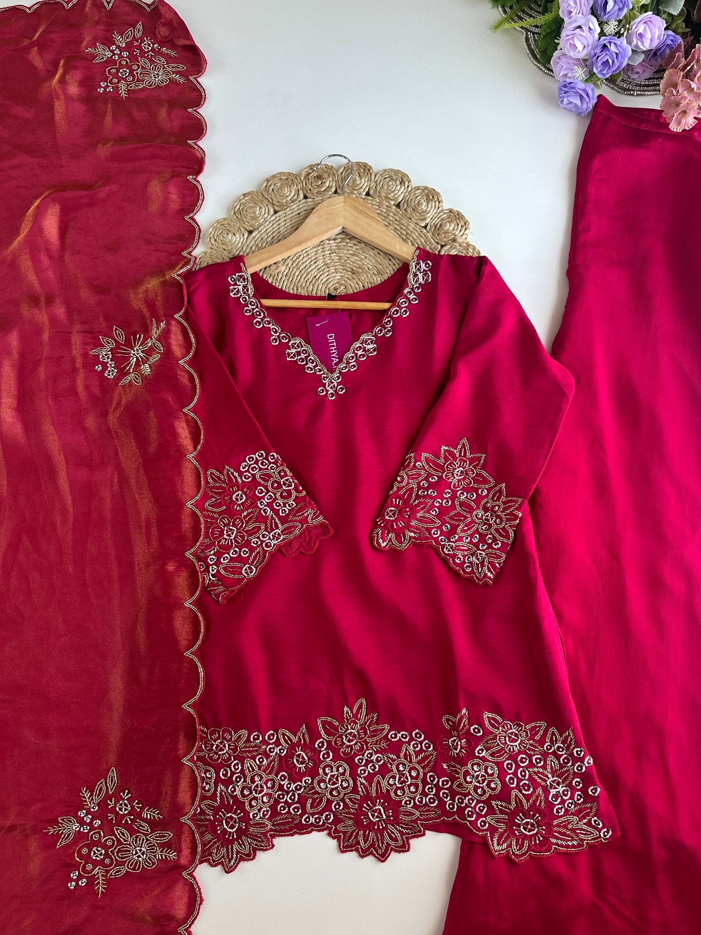K342 - Russian silk handwork short Kurti with palazzo and silk dupatta