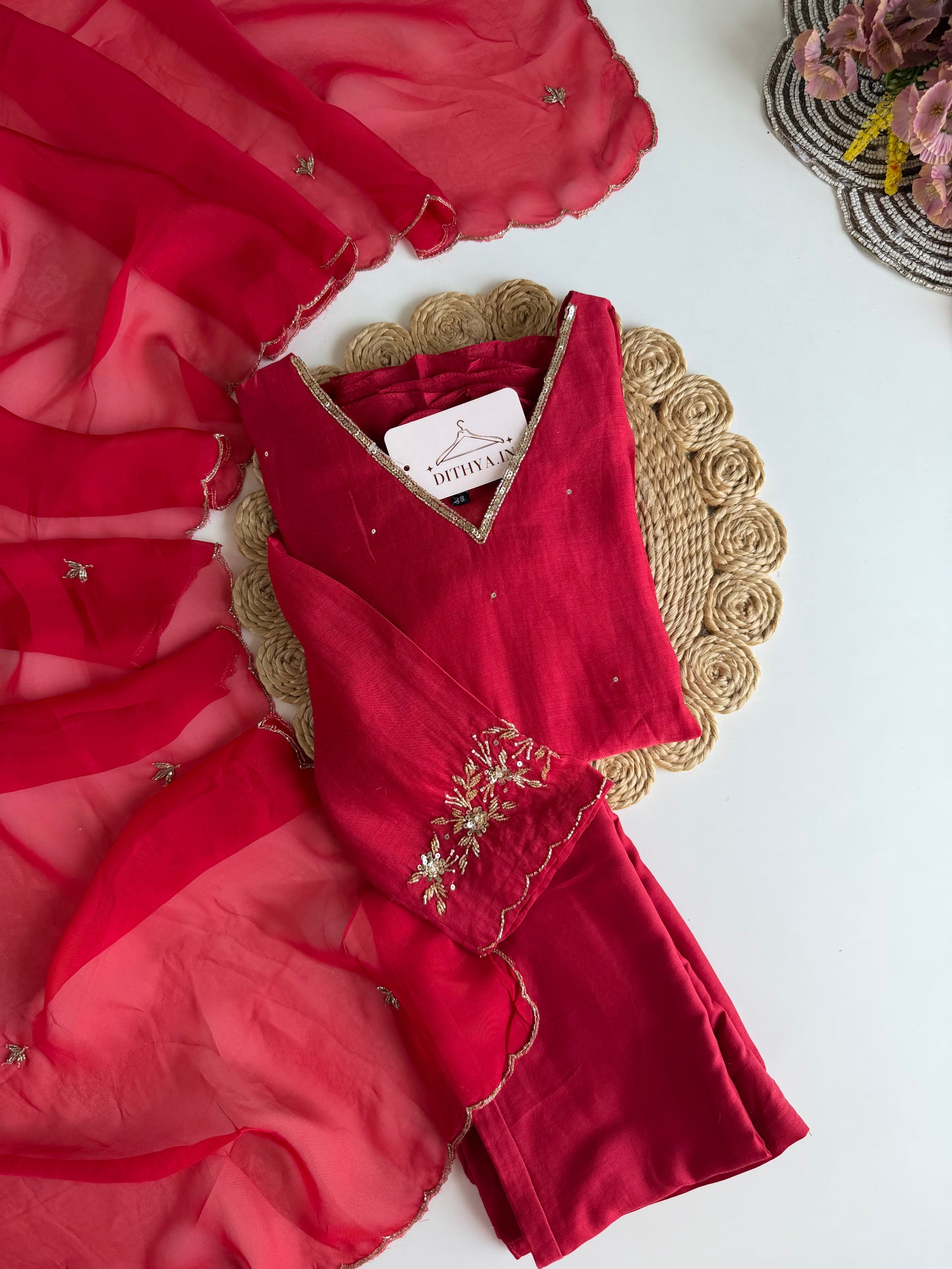 K529 - Mul chanderi handwork Aline Kurti with pants and dupatta in 2 colours