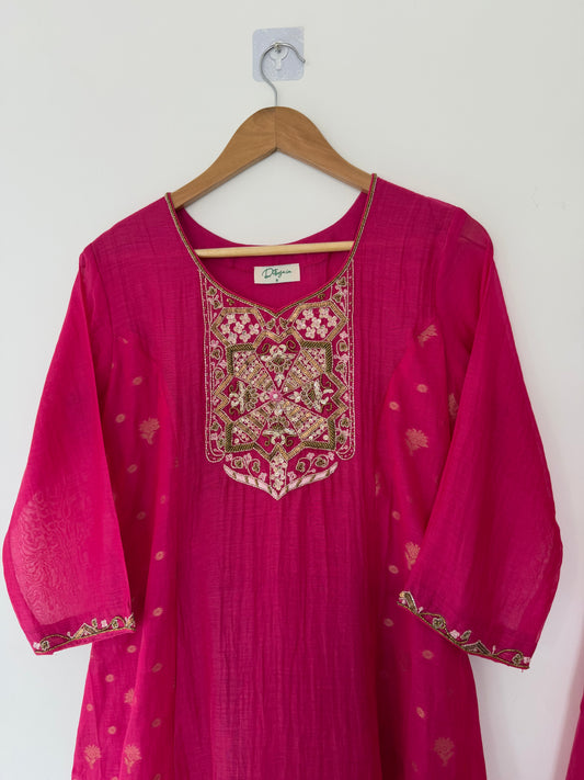 K551 - Mul chanderi zari handwork Aline Kurti with pants and dupatta