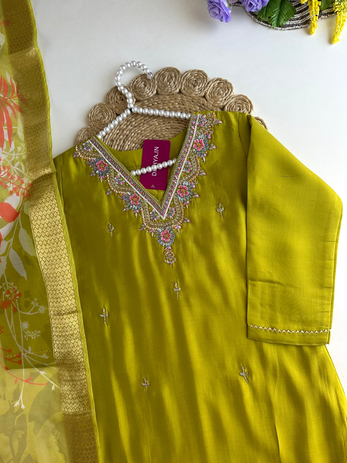 K024 - Roman silk handwork straight Kurti with pants and dupatta in 3 colours