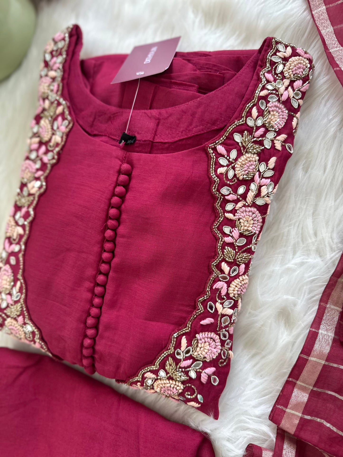 K235 - Mul chanderi handwork Aline Kurti with pants and dupatta