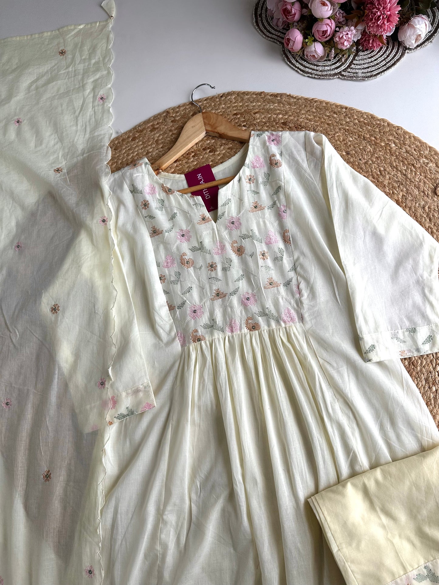 K394 - Cotton embroidered Aline Kurti with pants and dupatta