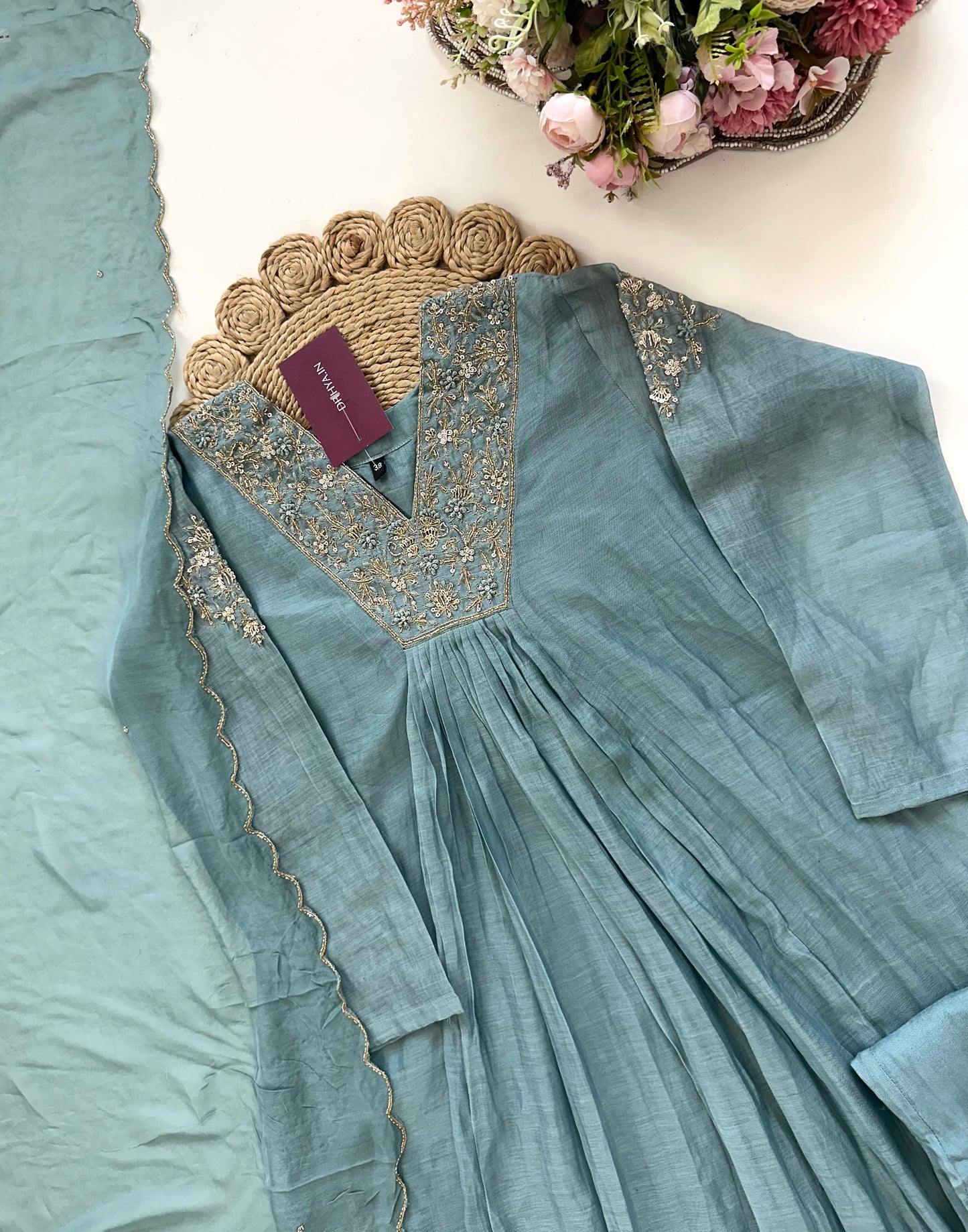 K191 - Mul Chanderi handwork Aline Kurti with pants and dupatta in 3 colours