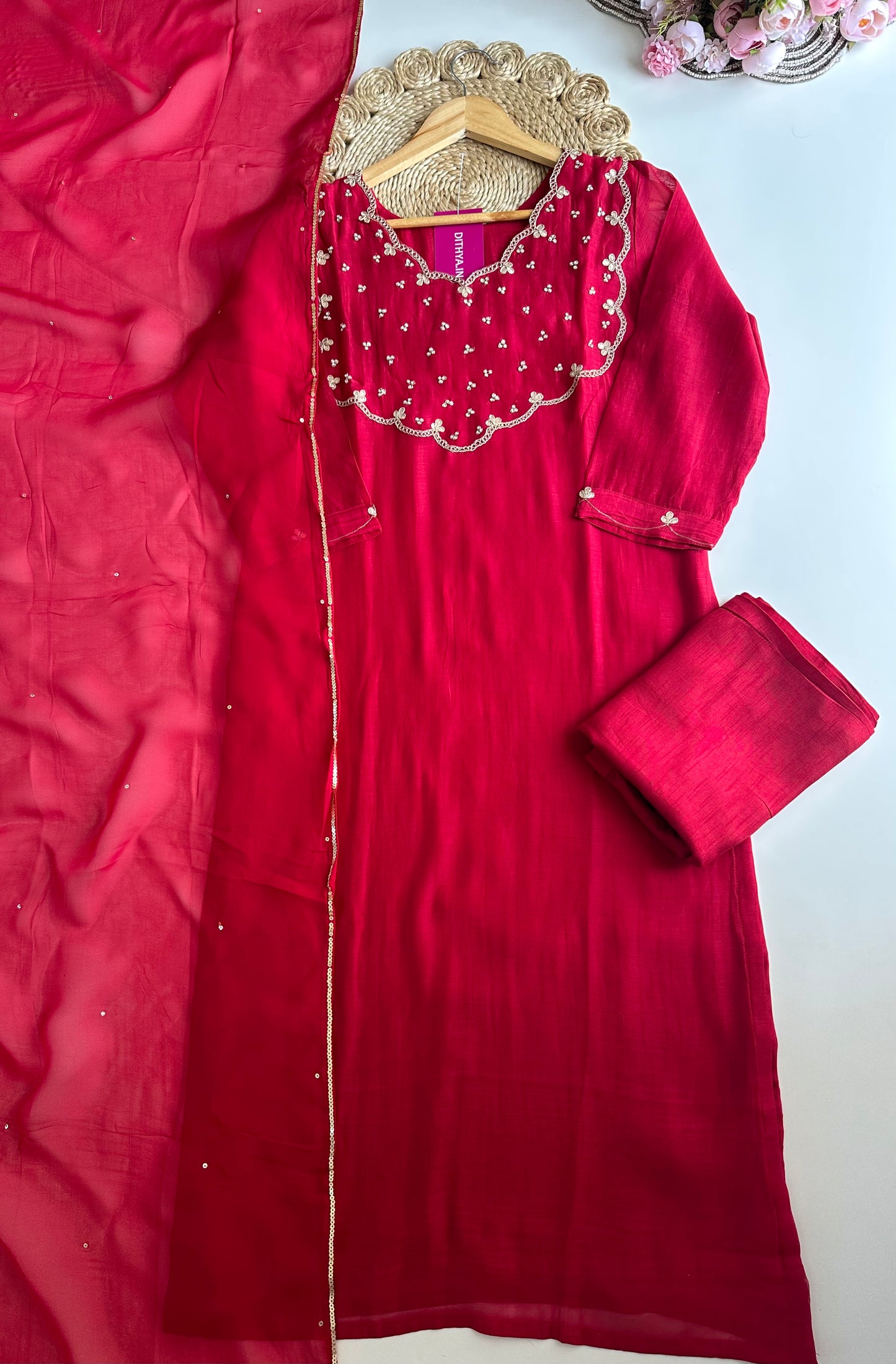 K184 - Mul Chanderi gota work straight Kurti with pants and dupatta