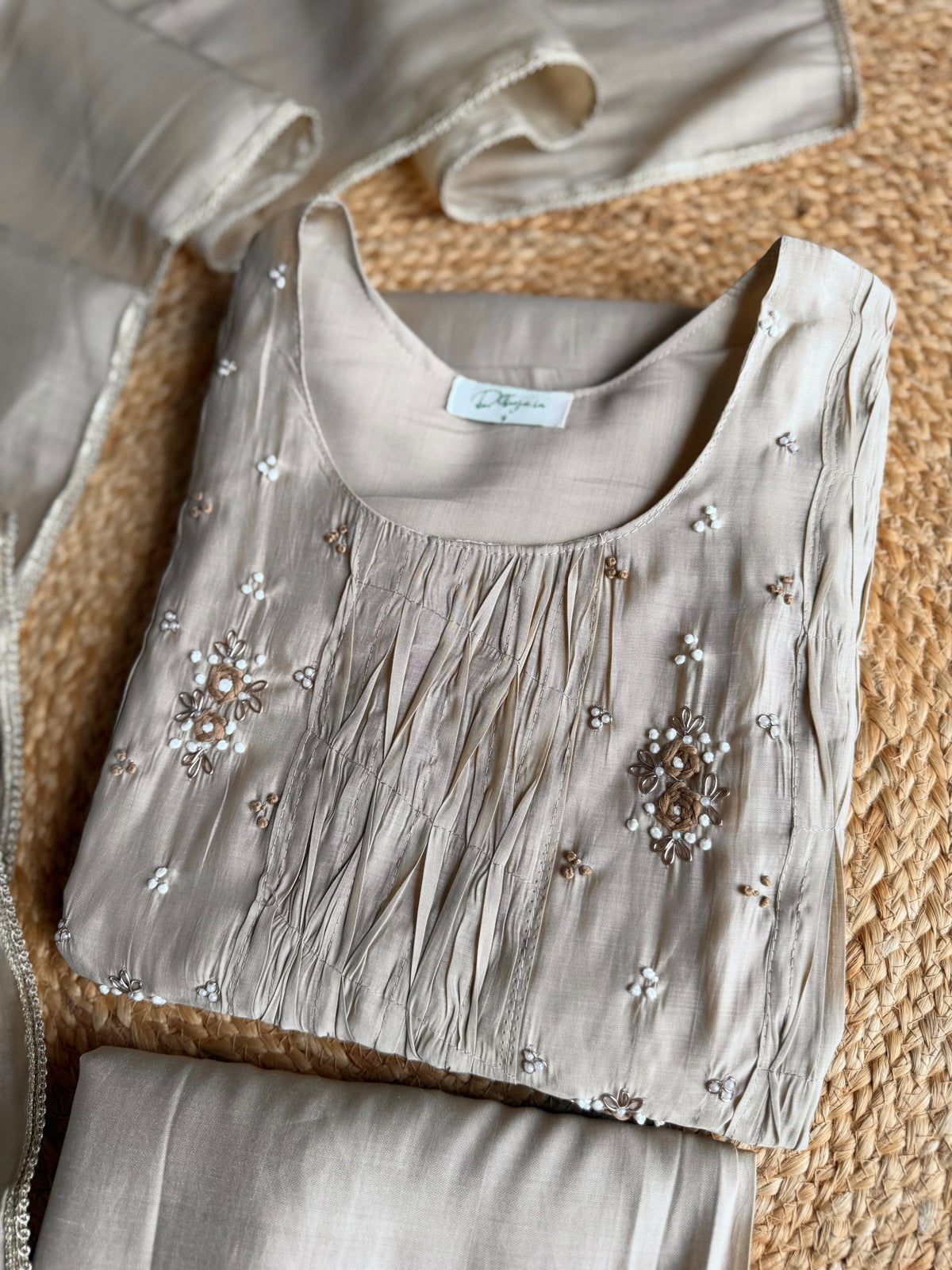 K215 - Surat Mul chanderi handwork Aline Kurti with pants and dupatta