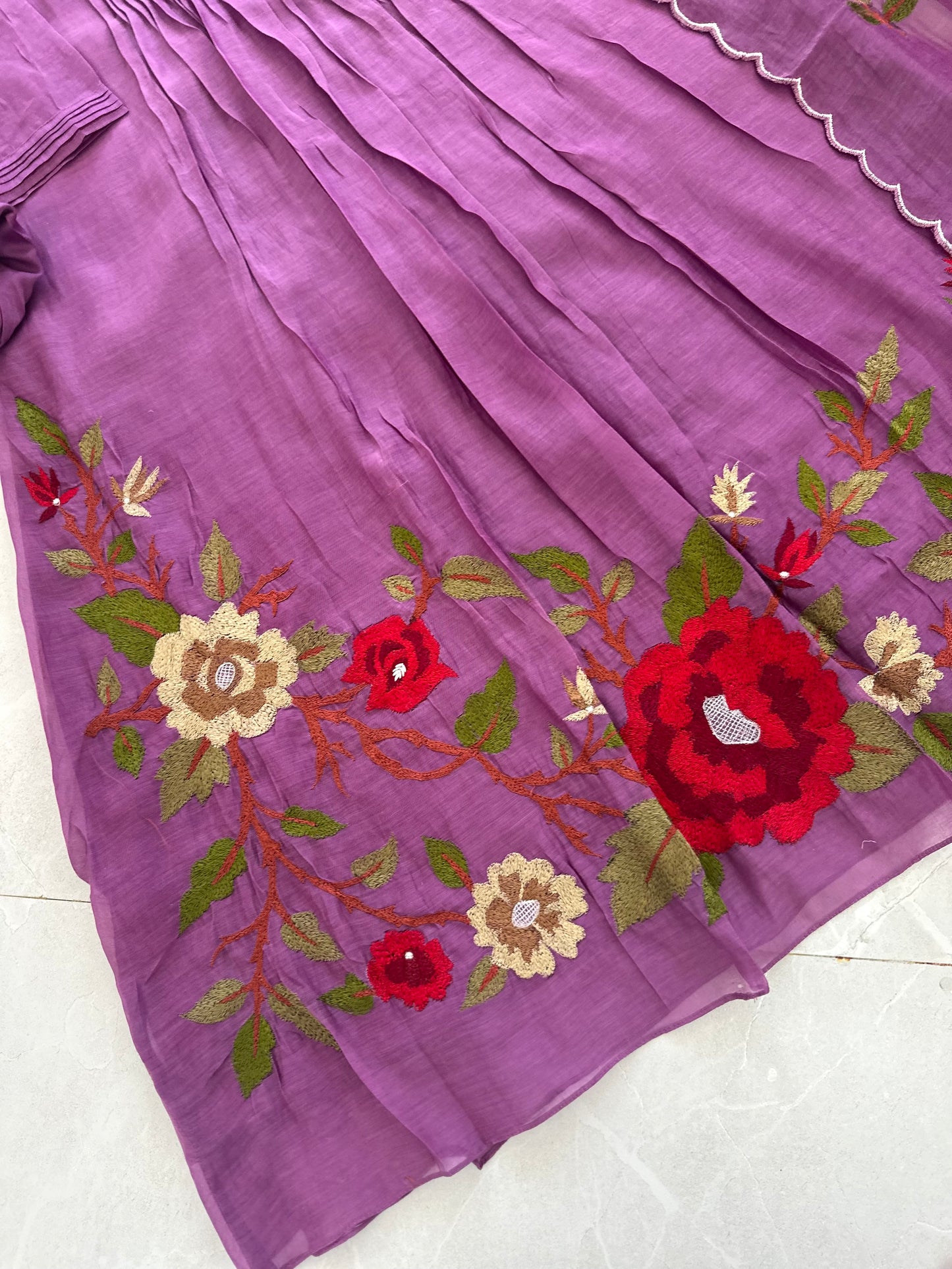 K308 - Mul Chanderi hand embroidered Aline Kurti with pants and dupatta in 2 colours .
