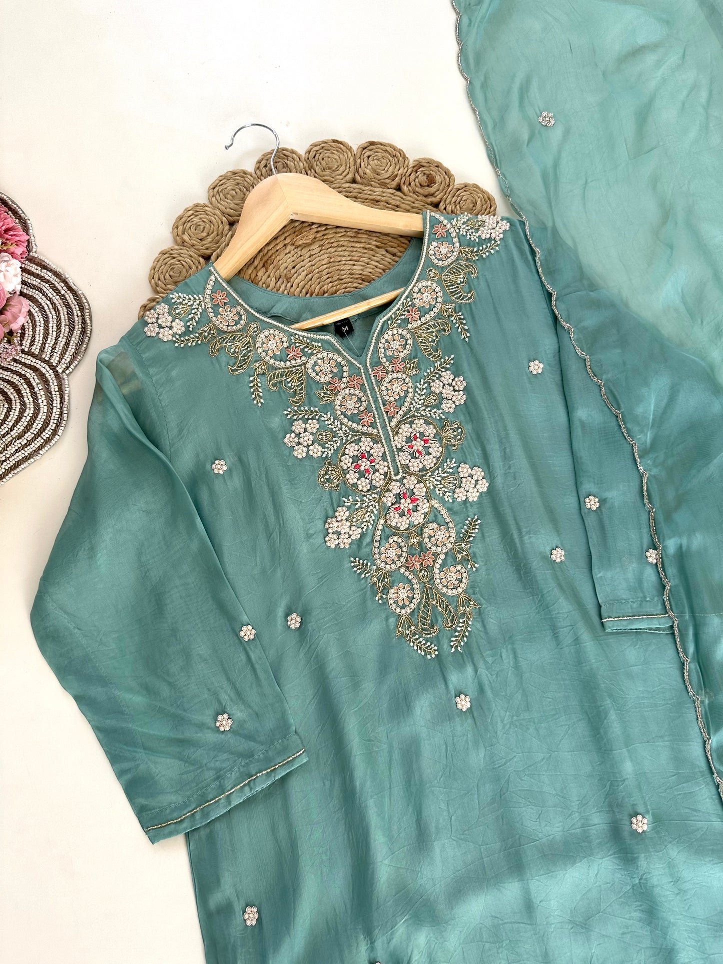 K137 - Viscose organza Handwork straight kurti with pants and dupatta.