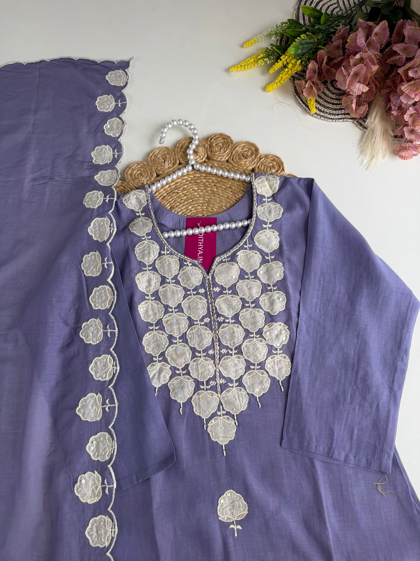 K503 - Mul chanderi embroidered straight Kurti with pants and dupatta