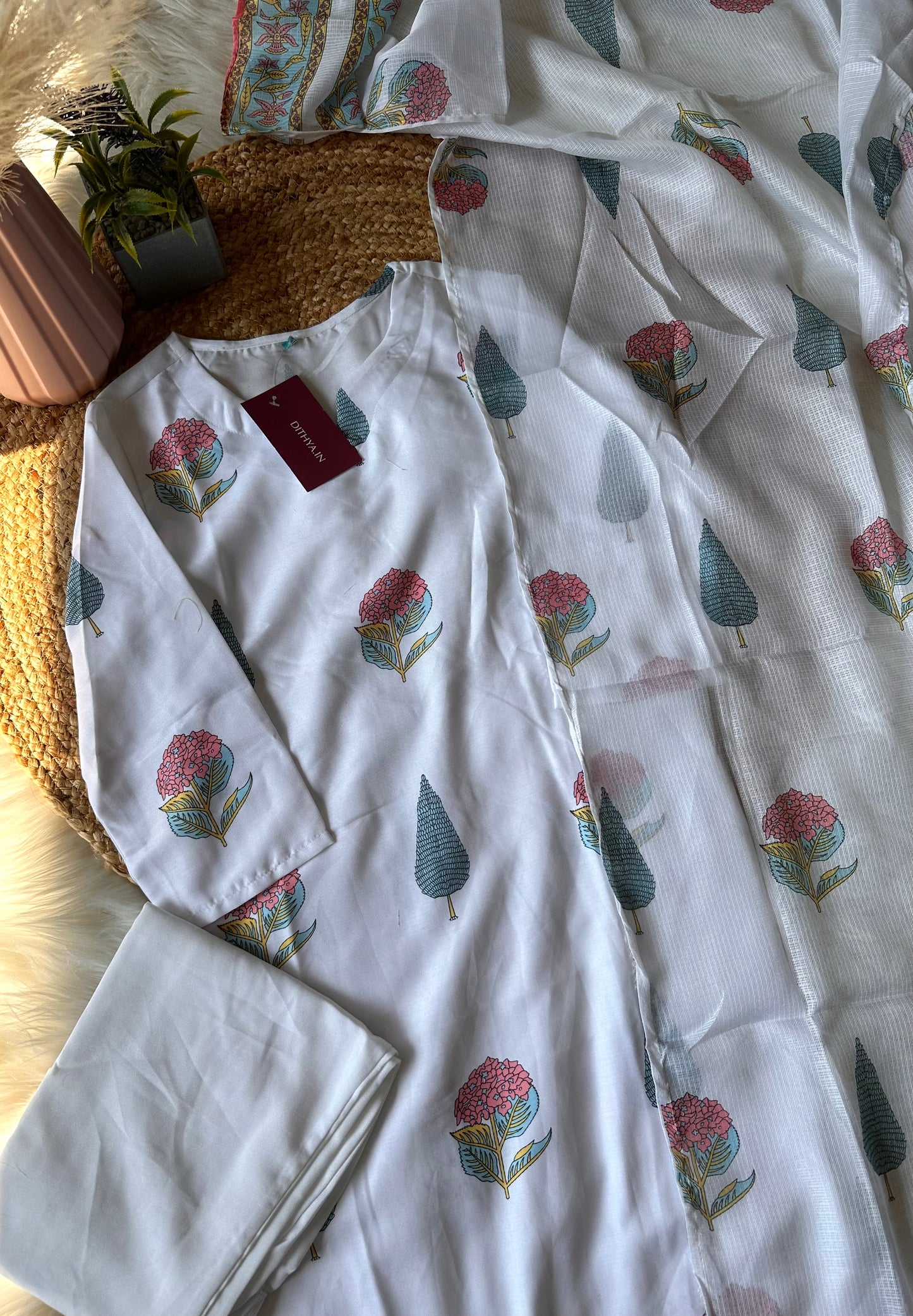 K225 - Cotton printed straight Kurti with pants and dupatta