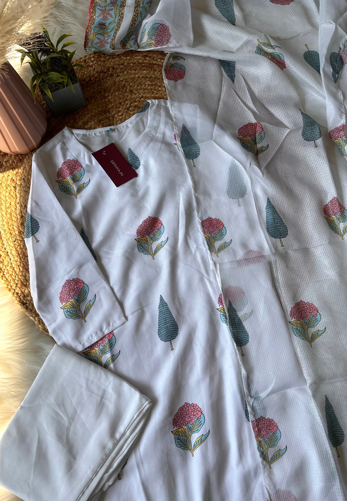 K225 - Cotton printed straight Kurti with pants and dupatta