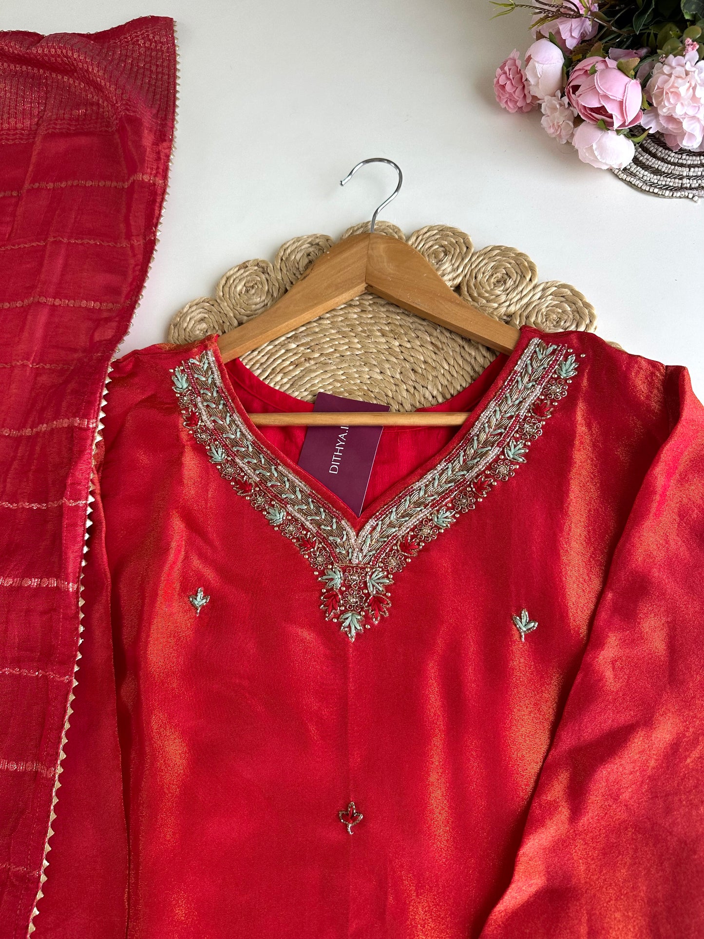 K013 - Tissue silk handwork straight Kurti with pants and dupatta