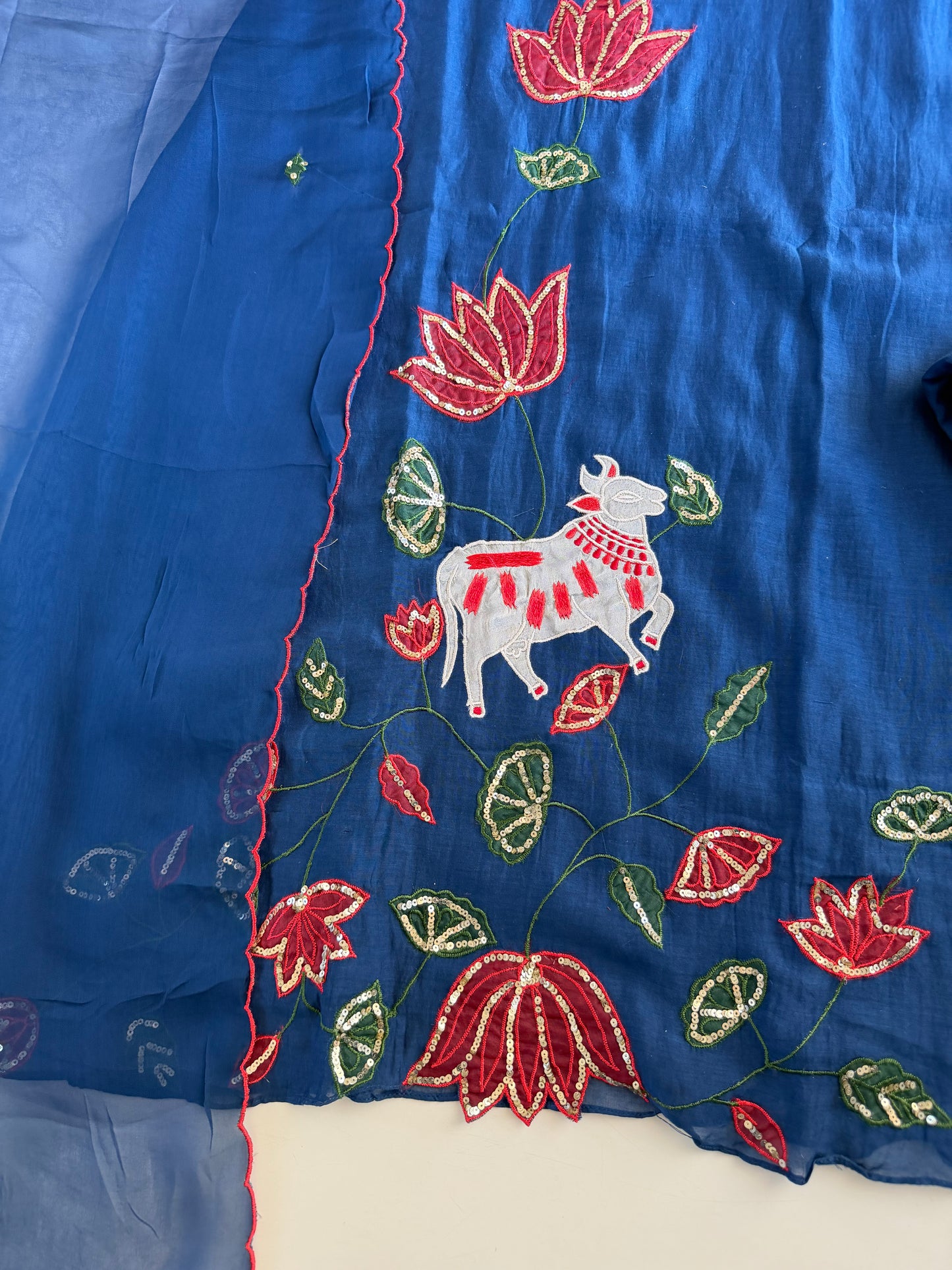 K193 - Mul chanderi handwork aline Kurti with pants and dupatta