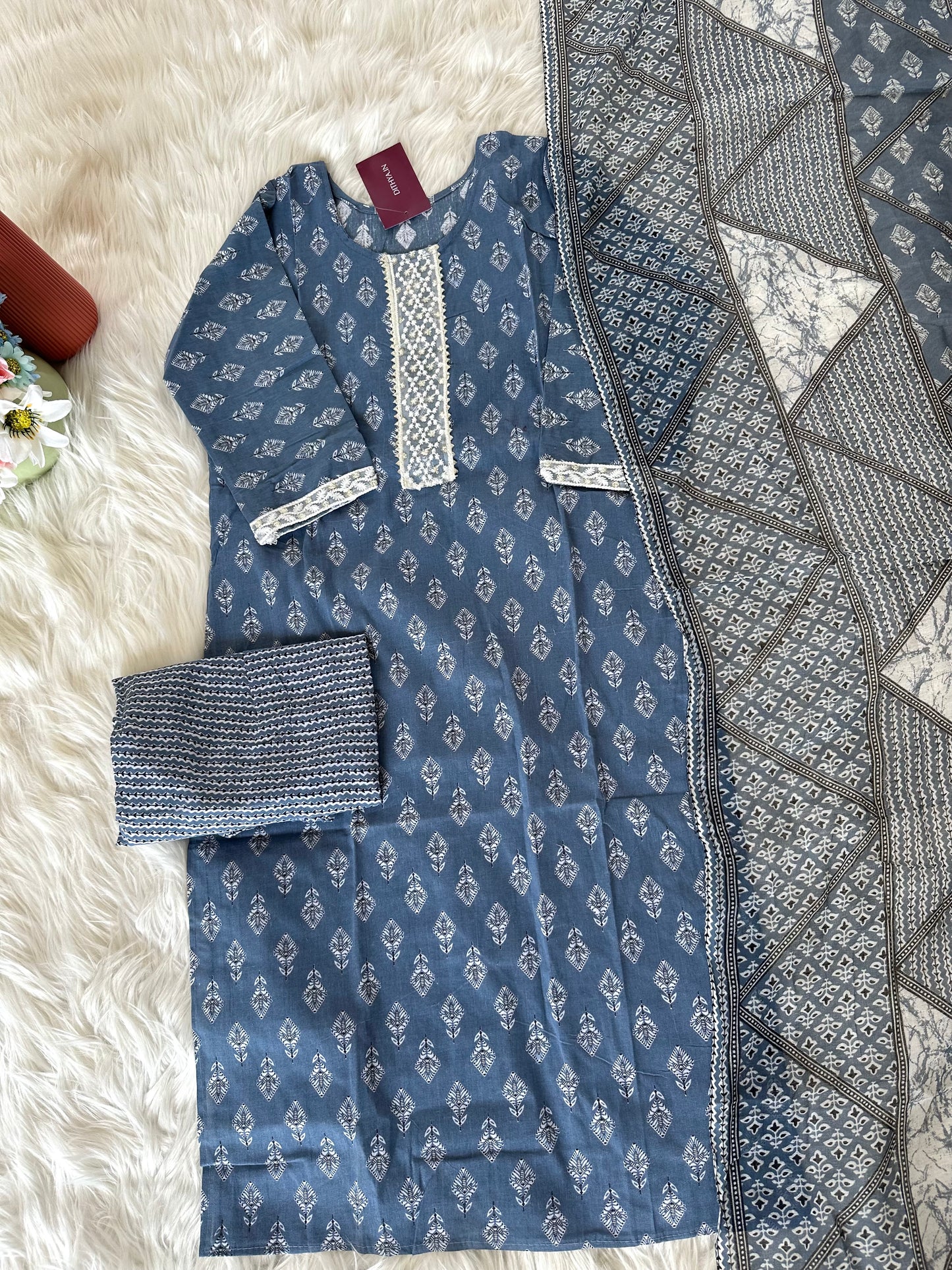 K230 - Cotton printed straight Kurti with pants and dupatta