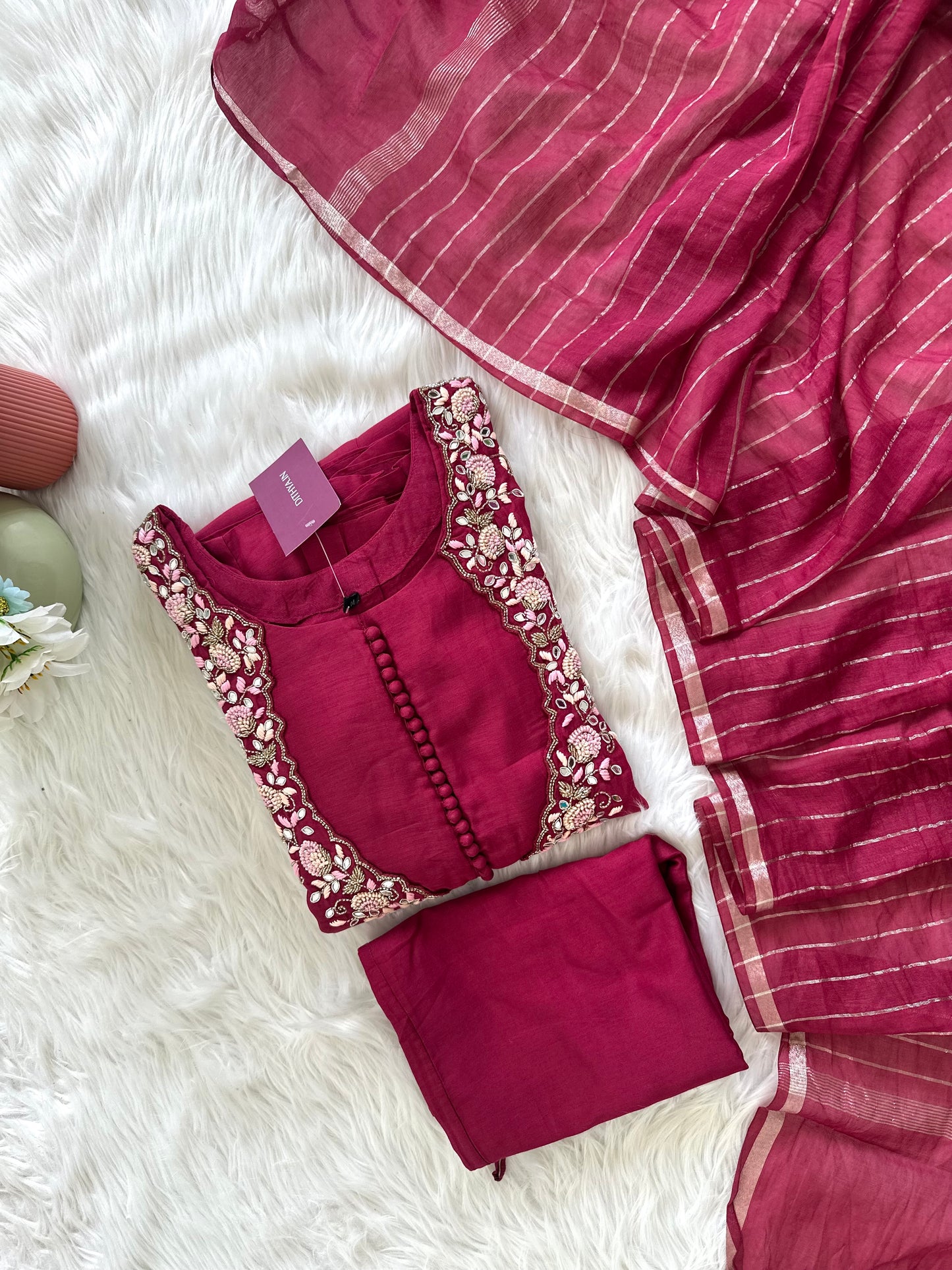 K235 - Mul chanderi handwork Aline Kurti with pants and dupatta