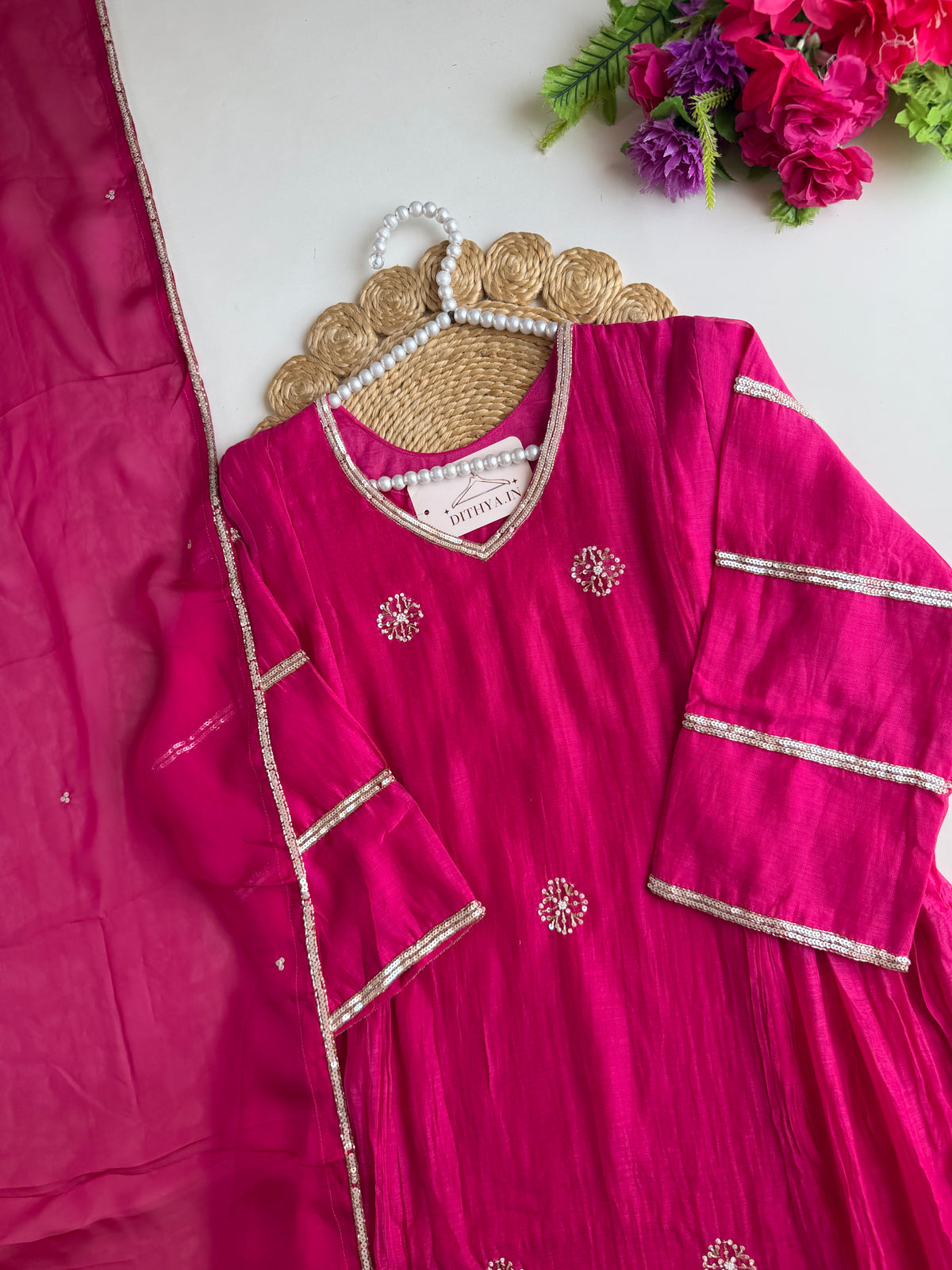 K524 - Mul chanderi handwork aline Kurti with pants and dupatta