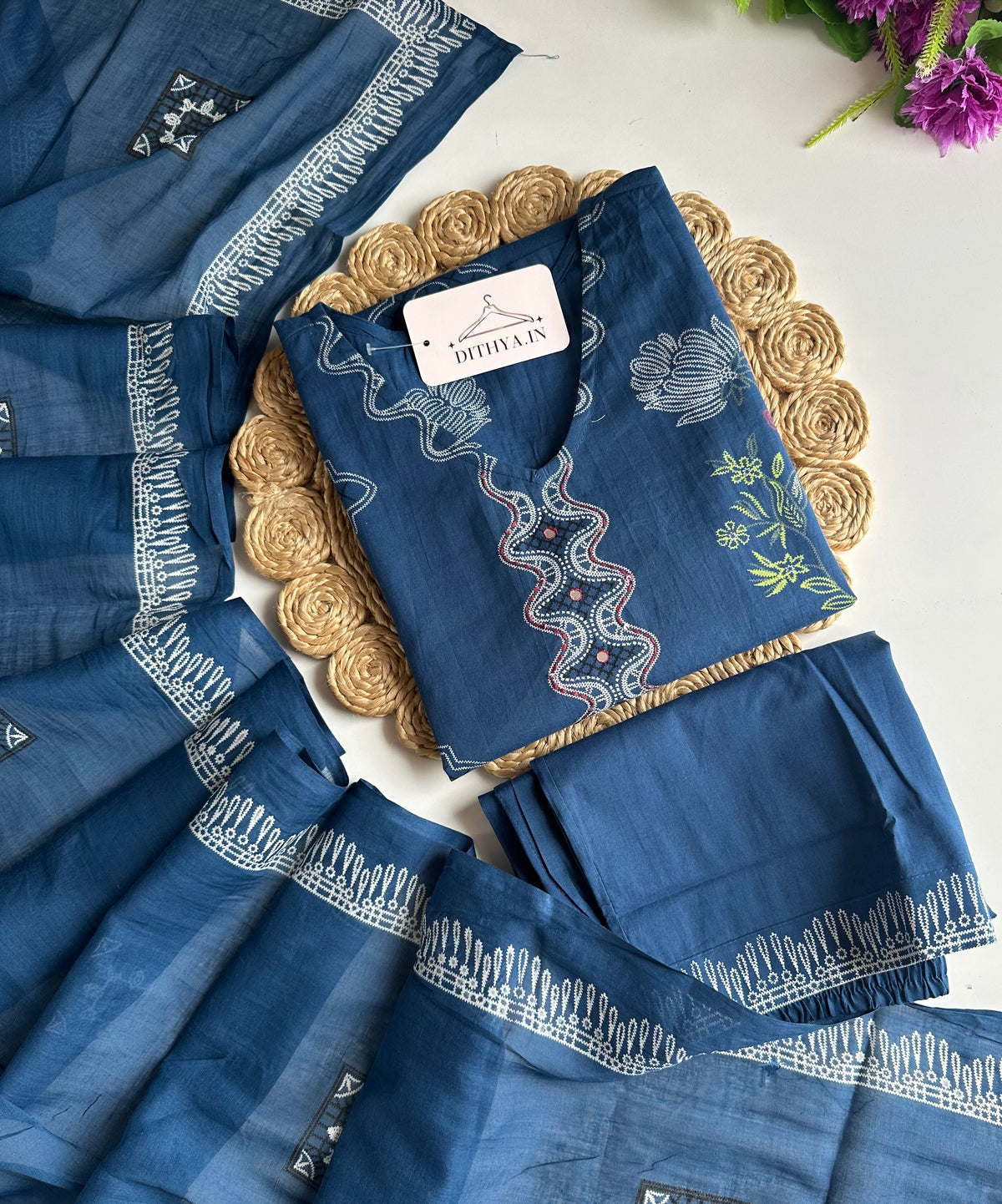 K418 - Mul cotton printed straight Kurti with pants and dupatta