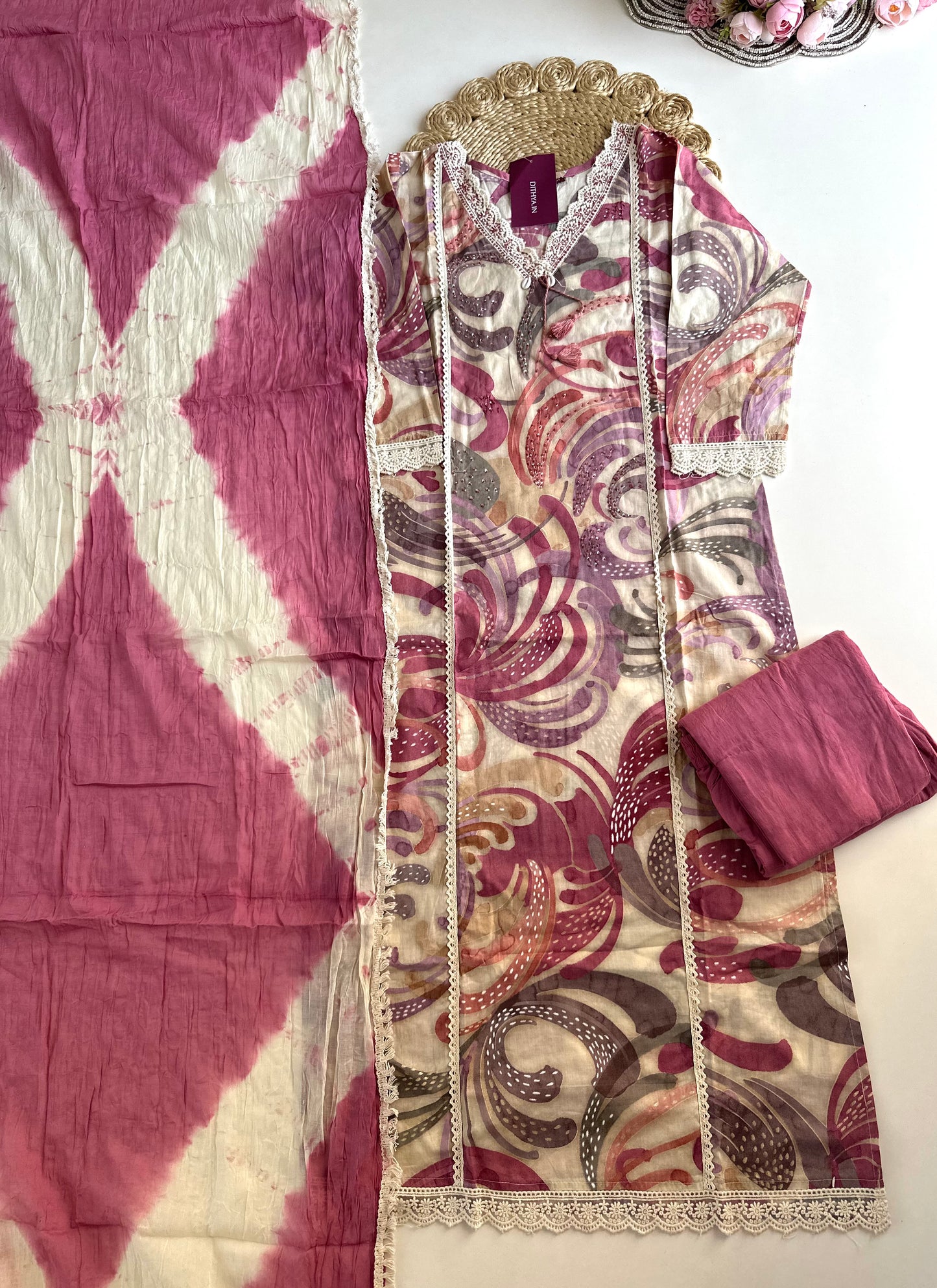K030 - Cotton embroidered straight Kurti with pants and dupatta