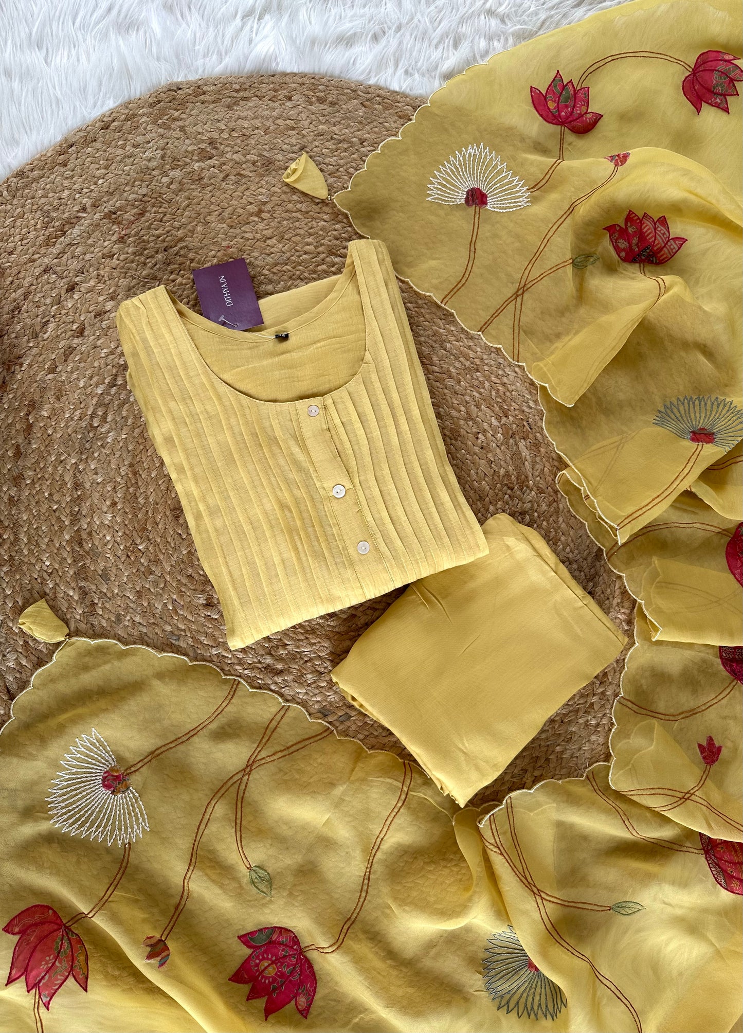 K304 - Mul Chanderi appliqué work Aline Kurti with pants and dupatta in 2 colours