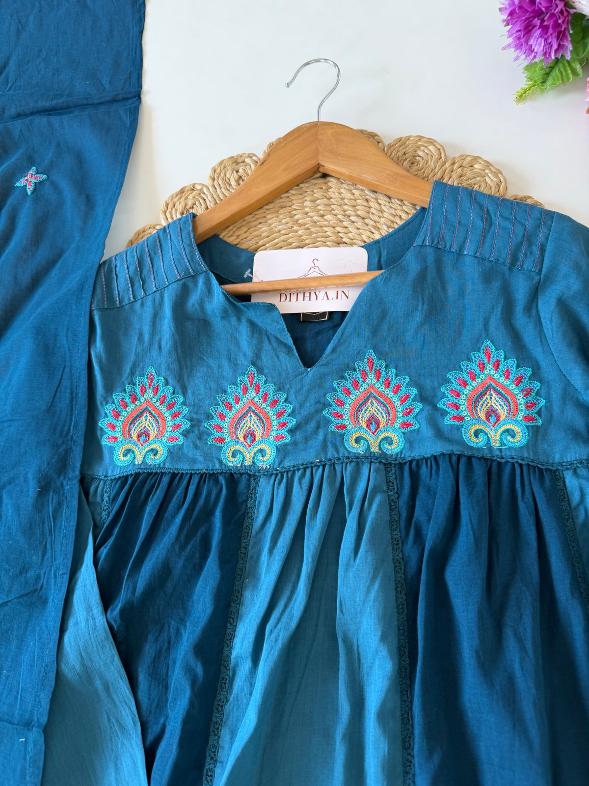 K633 - Mul cotton embroidered Anarkali with pants and dupatta