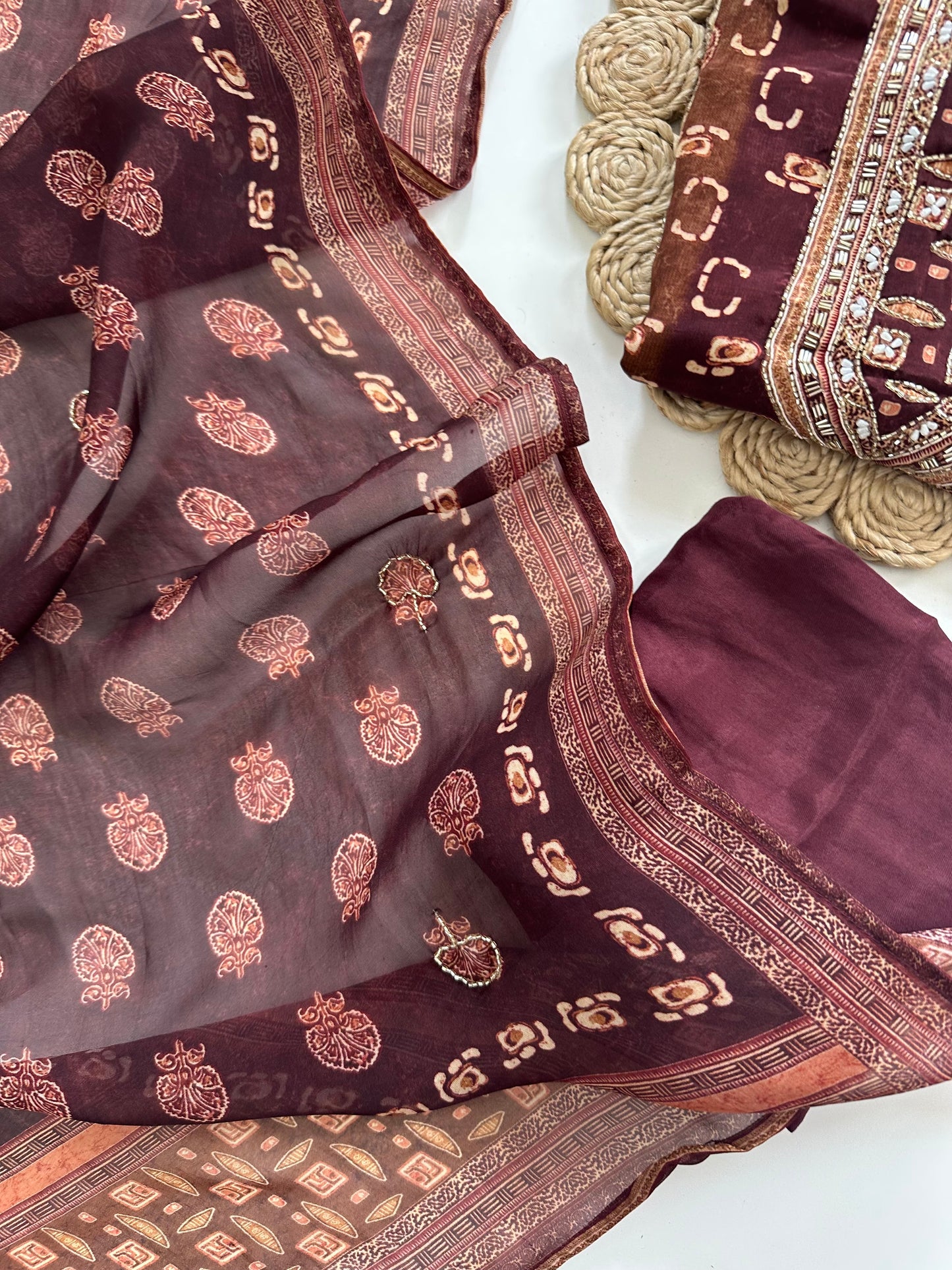 K026 - Viscose organza handwork straight Kurti with pants and dupatta