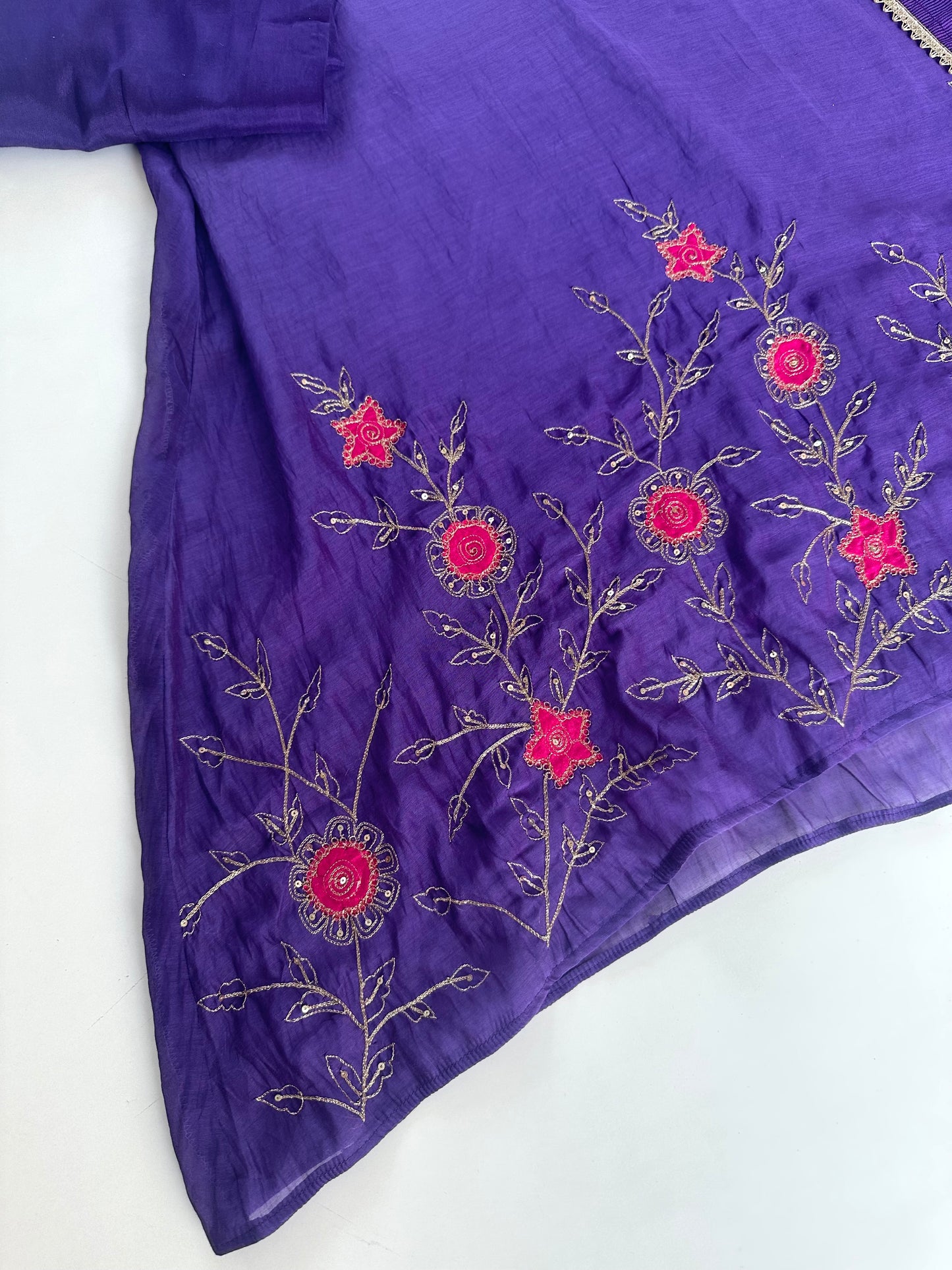 K205 - Mul Chanderi Handwork Aline Kurti with pants and dupatta .