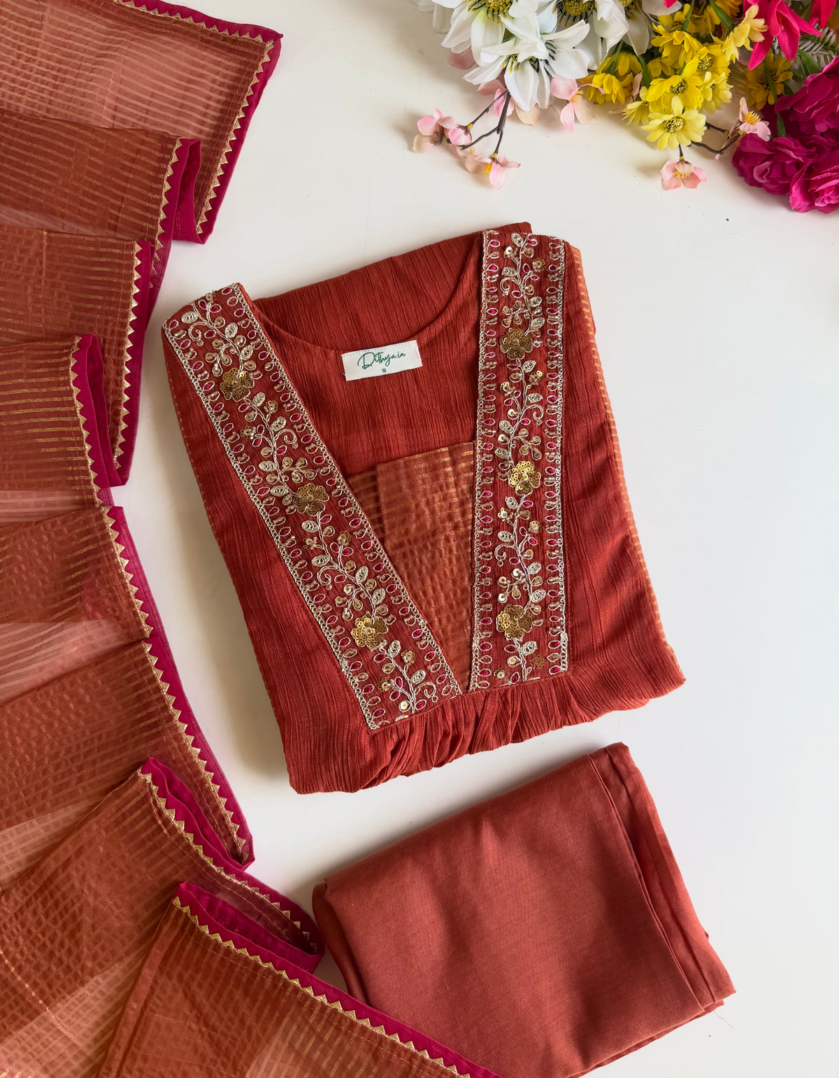 K339 - Crushed Surat Mul chanderi embroidered Anarkali with pants and dupatta