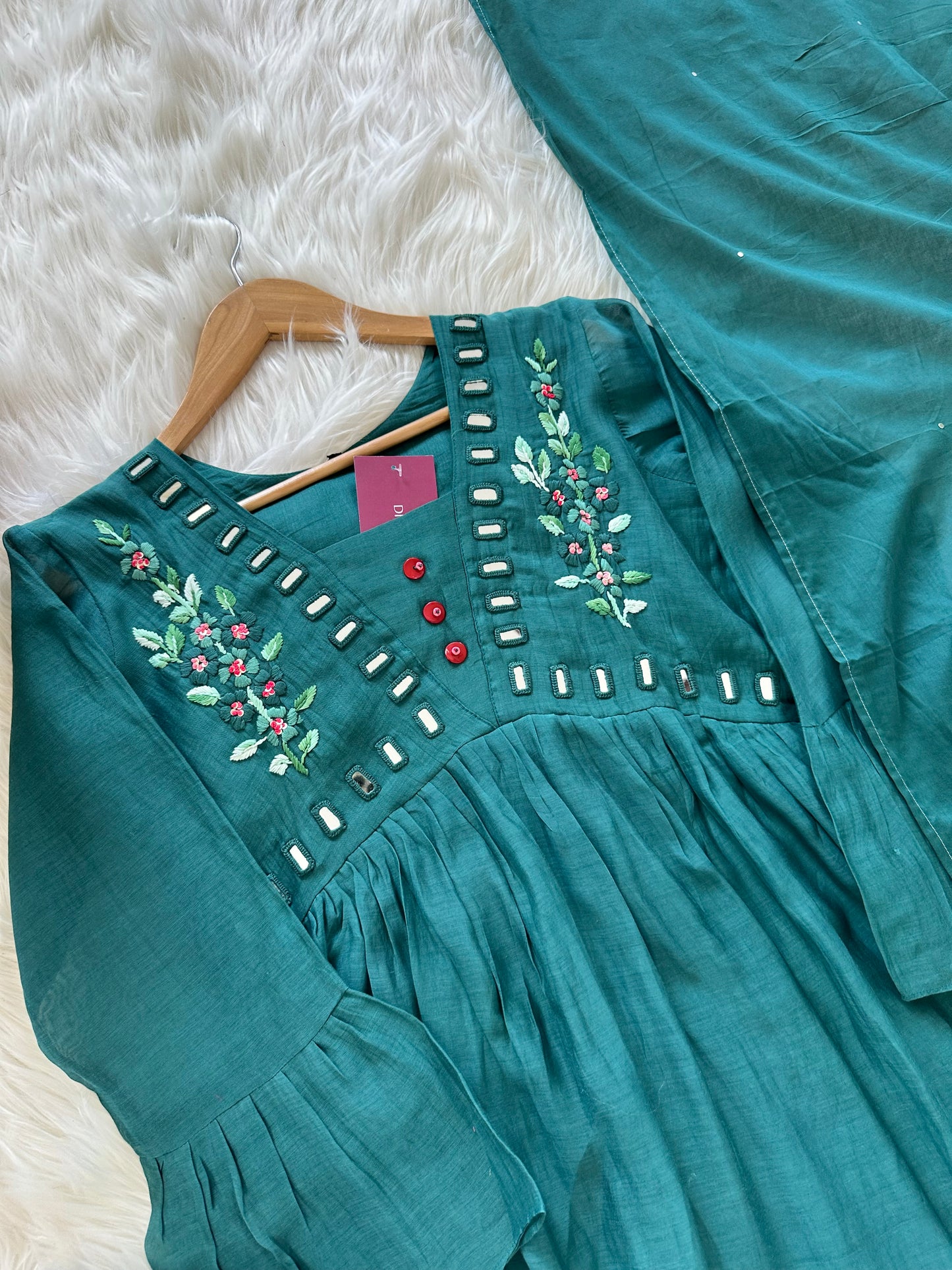 K244 - Mul Chanderi mirror embroidered Aline Kurti with pants and dupatta