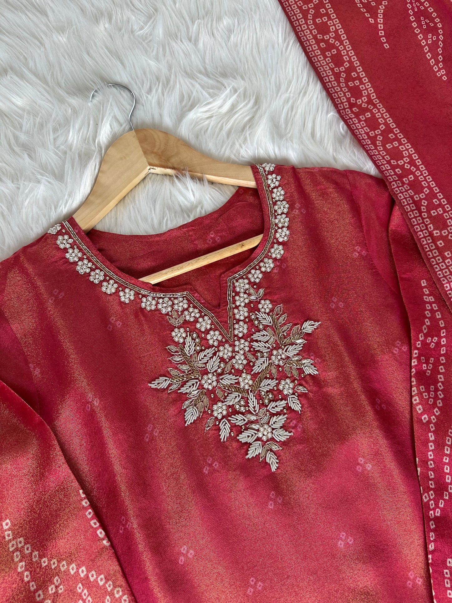 K391 - Tissue silk handwork straight Kurti with pants and dupatta in 2 colours