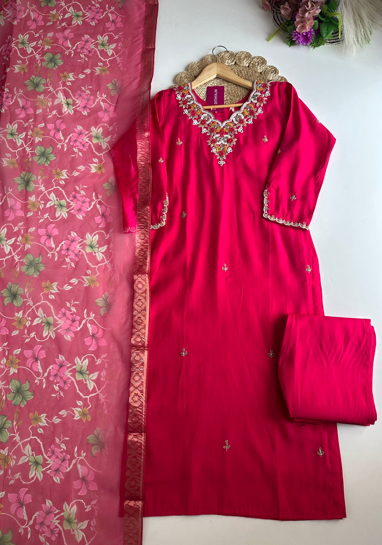 K274 - Roman silk handwork straight Kurti with pants and dupatta