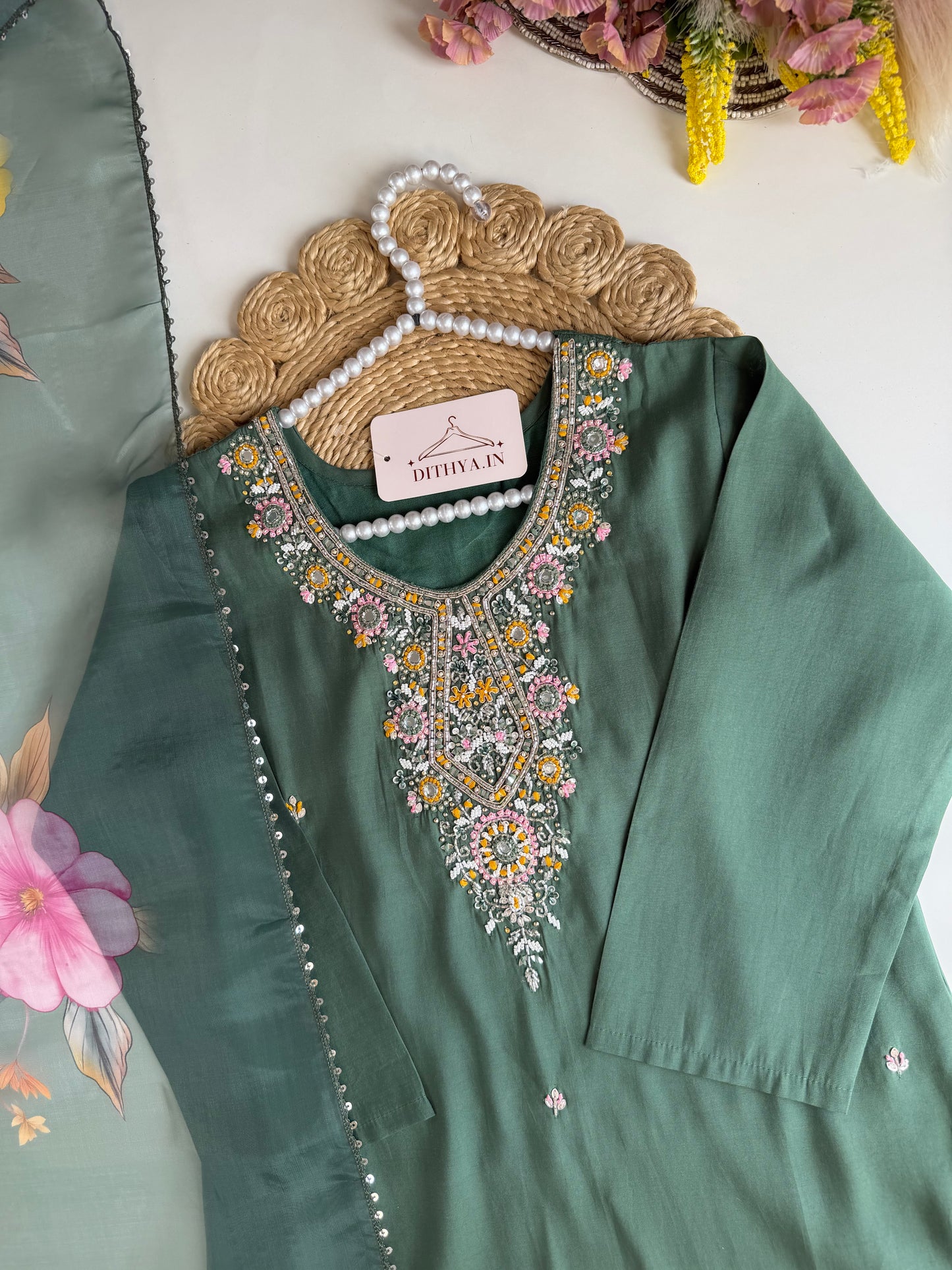 K514 - Roman silk handwork straight Kurti with pants and dupatta