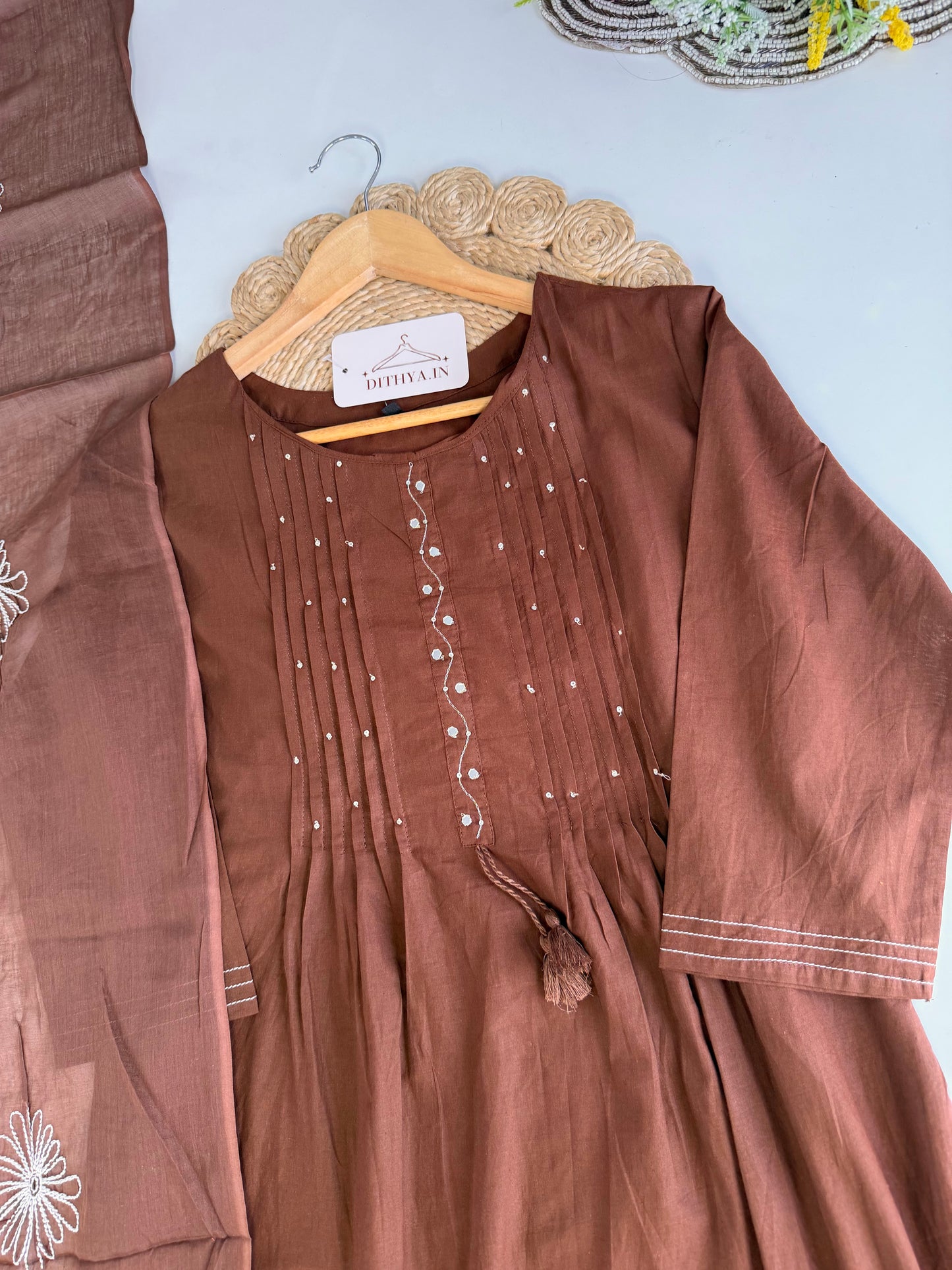 K554 - Mul cotton embroidered Aline Kurti with pants and dupatta