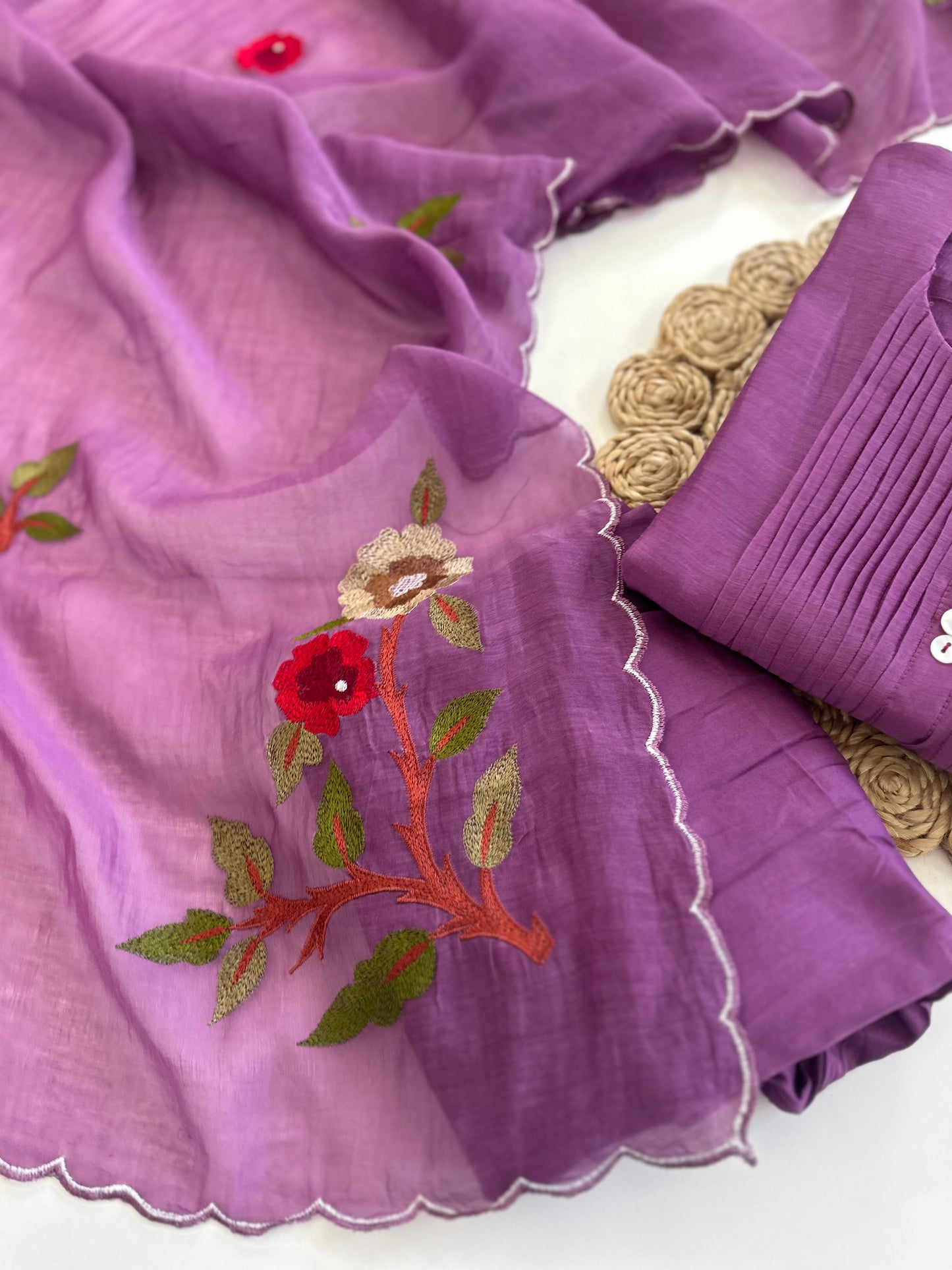 K308 - Mul Chanderi hand embroidered Aline Kurti with pants and dupatta in 2 colours .