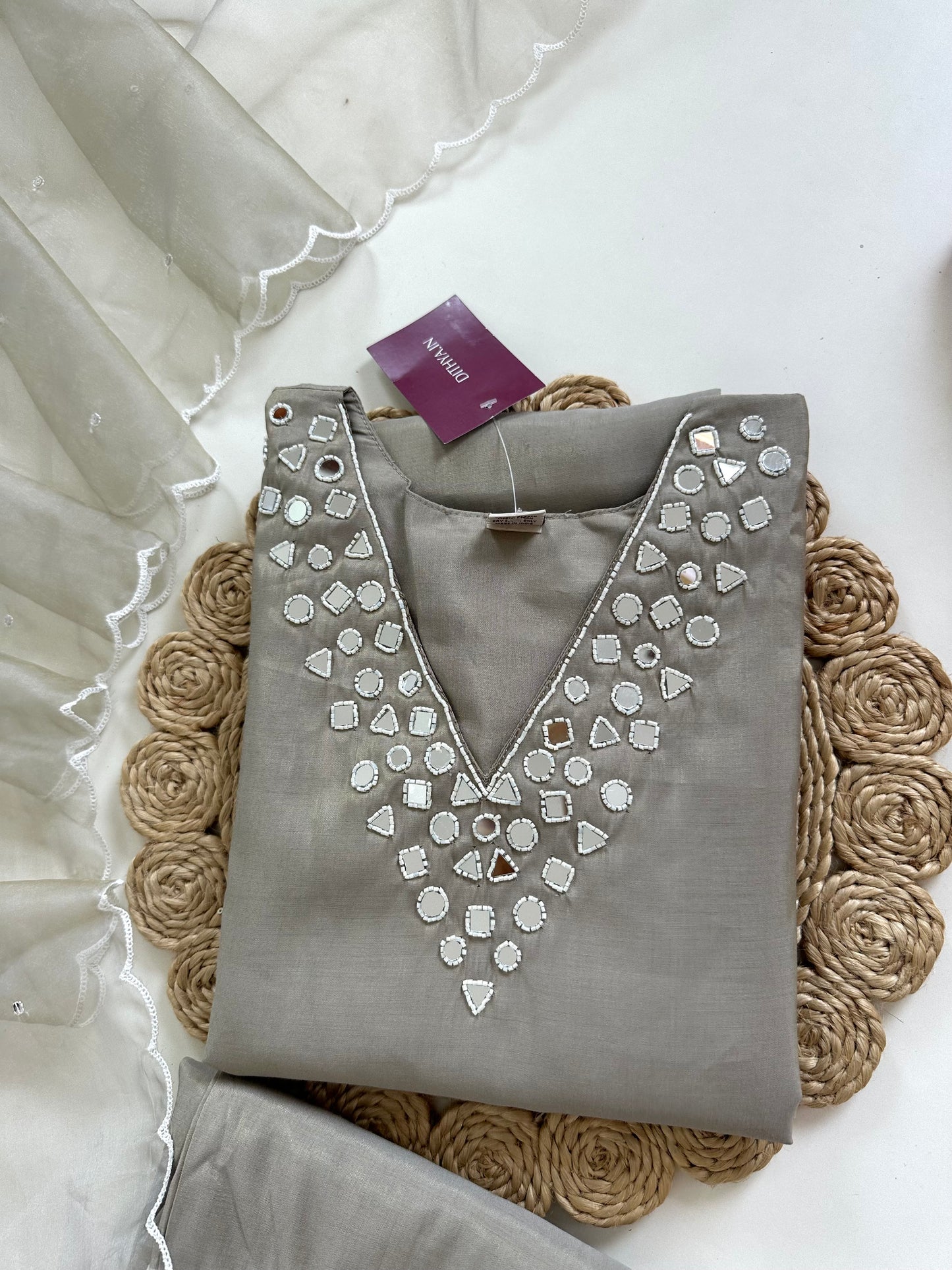 K209 - Shimmer silk mirror work straight Kurti with pants and dupatta in 3 colours