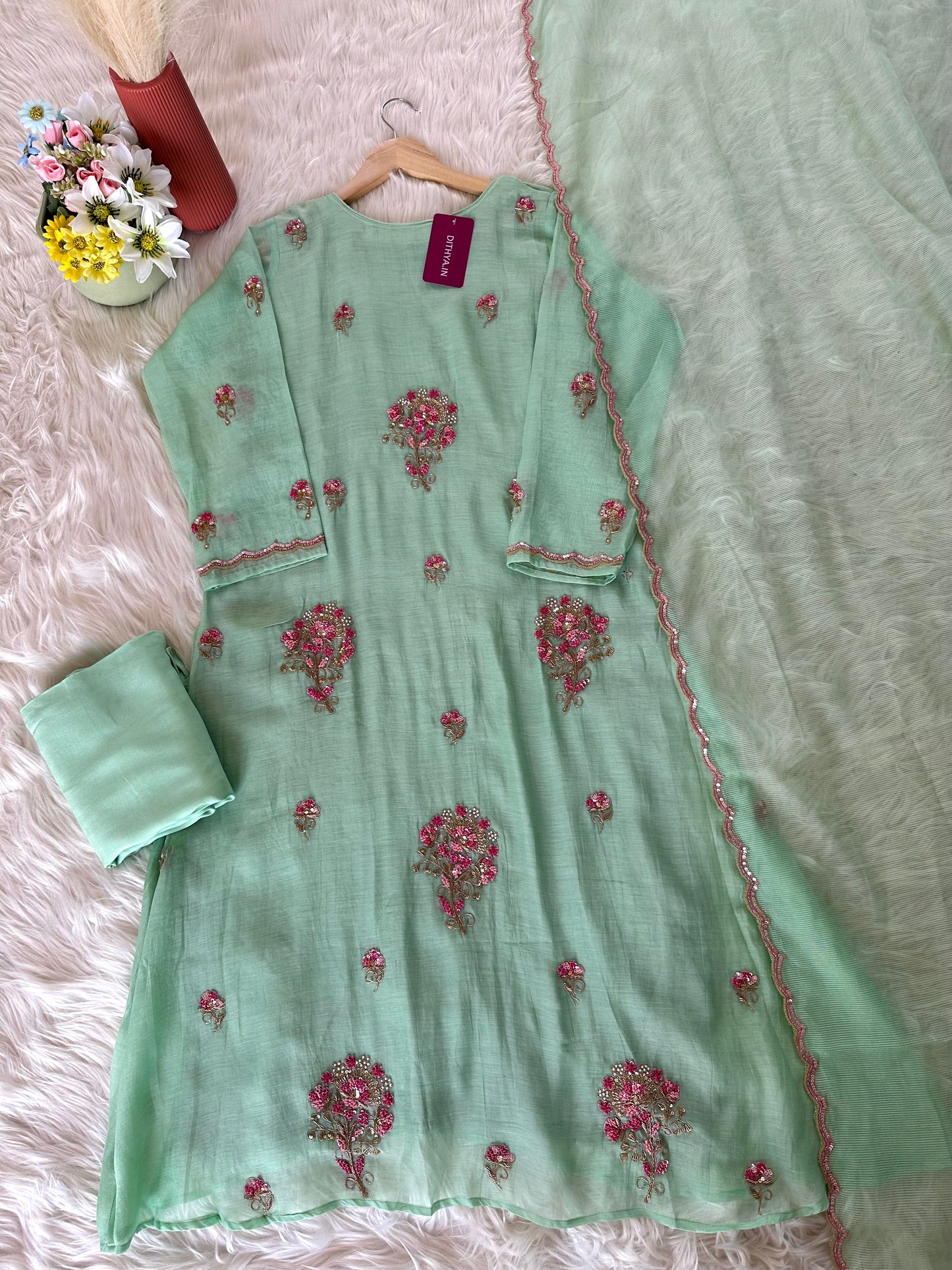 K259 - Mul Chanderi handwork Aline Kurti with pants and dupatta