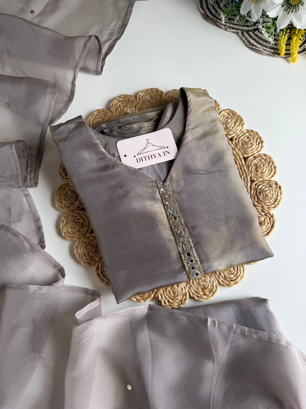 K121 - Tissue silk mirror work Anarkali with pants and dupatta