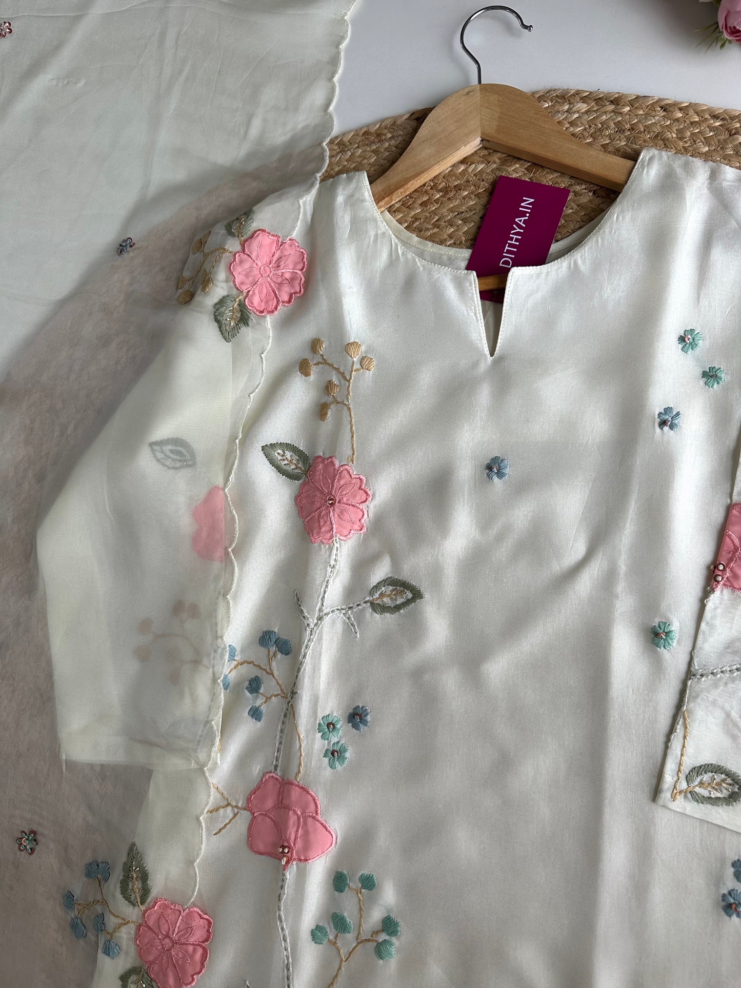 K139 - Russian silk Appliqué work straight Kurti with pants and dupatta