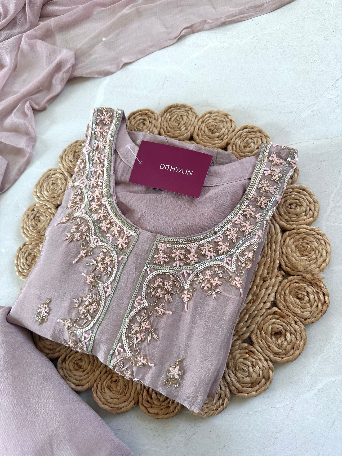 K161 - Heavy handwork Russian silk Straight kurti with flared pants and chiffon dupatta