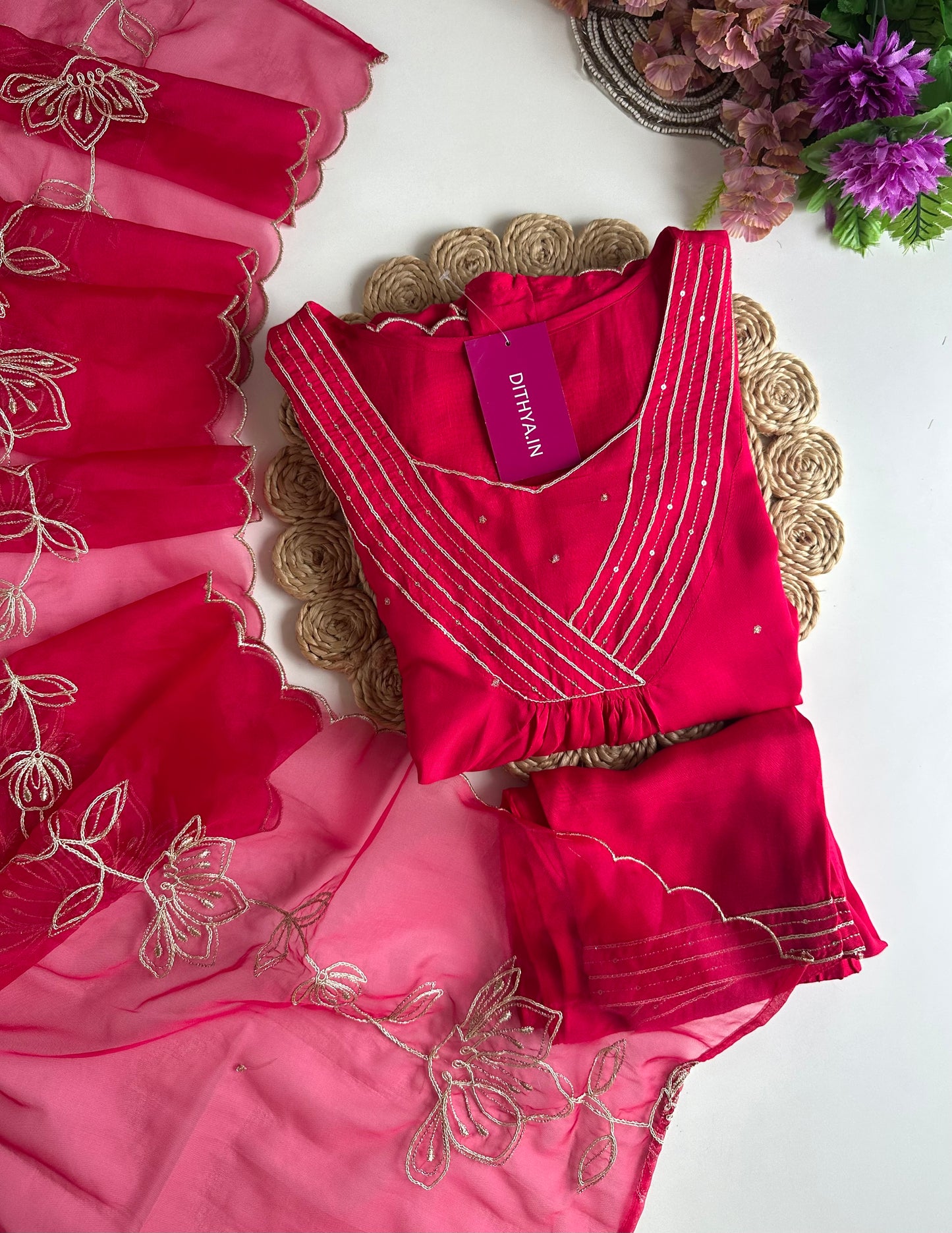 K345 - Russian silk embroidered Anarkali with pants and dupatta