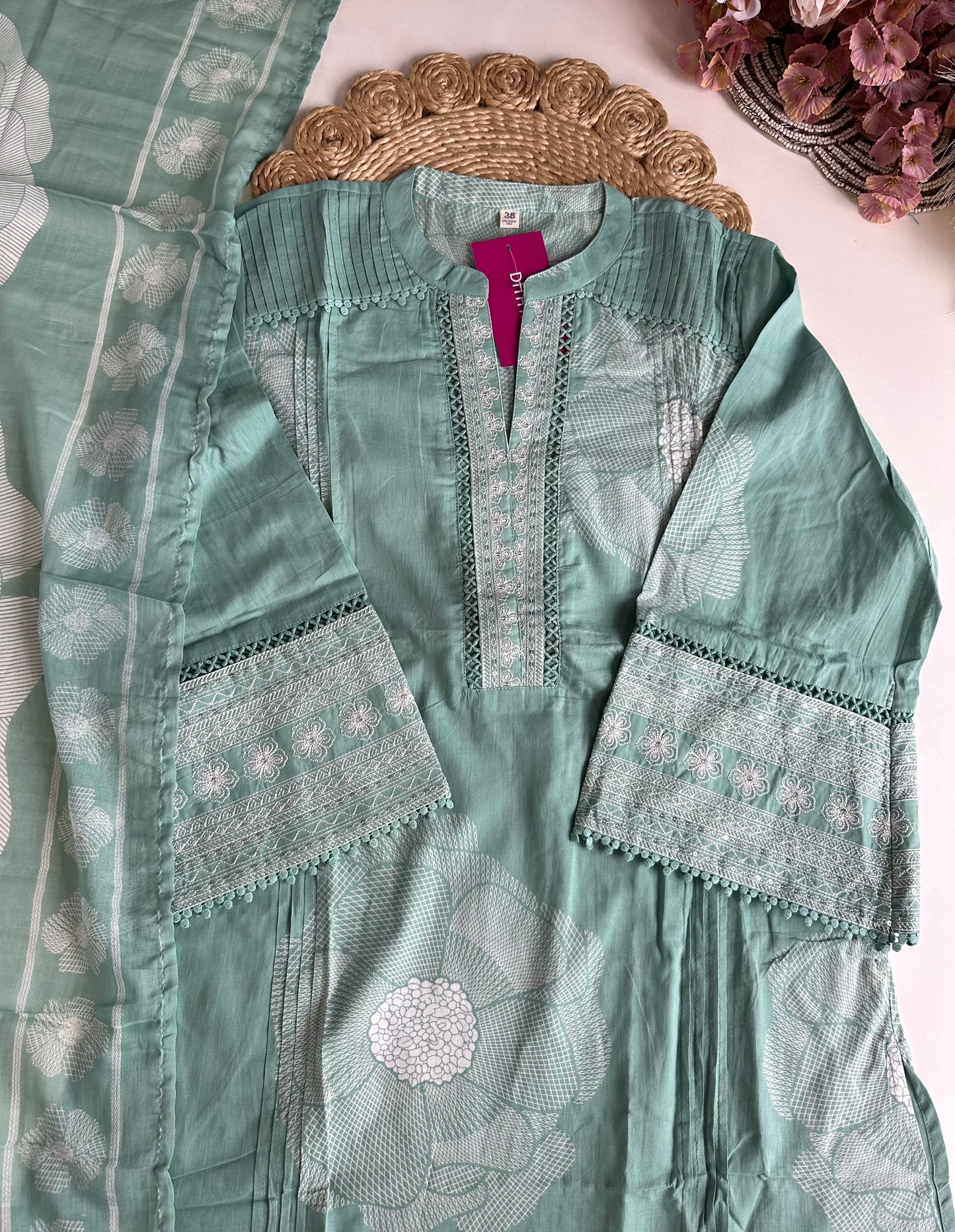 K447 - Mul Cotton embroidered straight Kurti with pants and dupatta