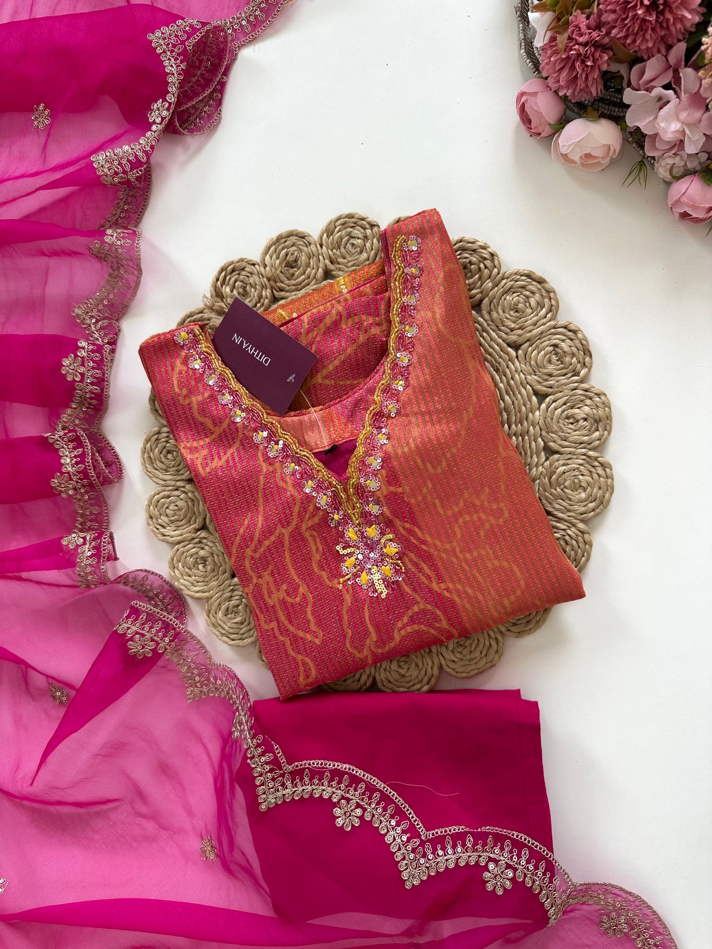 K221 - Tissue silk self weaving handwork straight Kurti with pants and dupatta in 2 prints